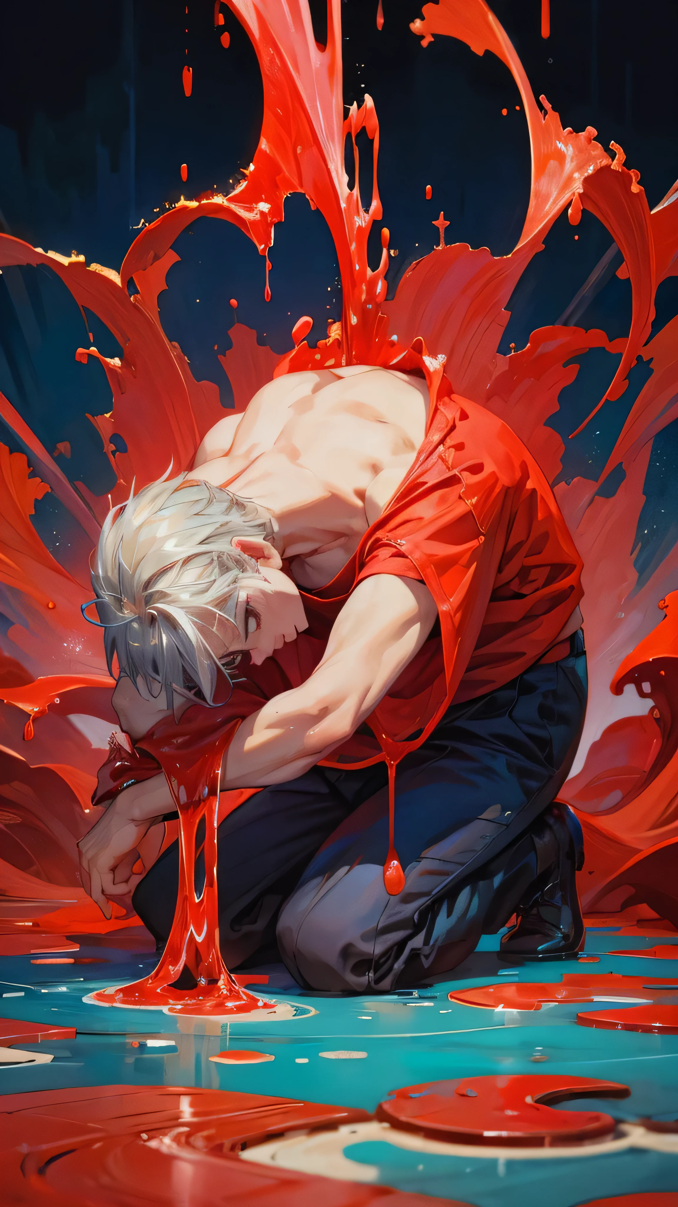 Novel cover,Sad man kneeling on the ground with his back to the screen,The man is in the lower center of the picture and takes up one sixth of the screen.,Spread your hands,Head looking up to the sky,Red liquid flowed from the palm of his hand and spread around the man,Pixel Style
