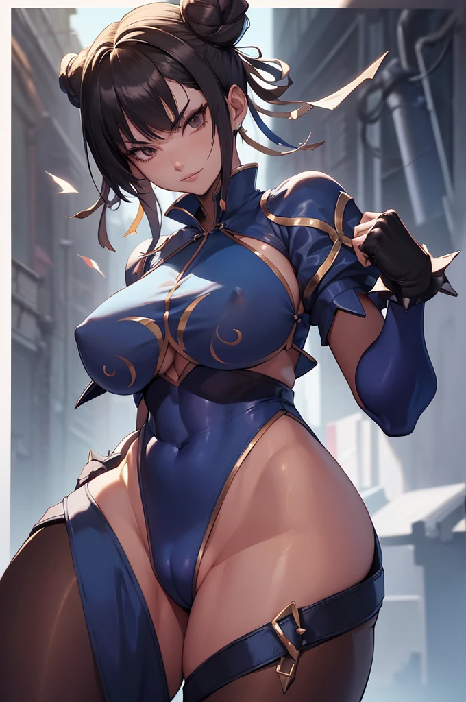 melhor qualidade,roupa azul,juri han,solo, masterpiece, best quality, agrias, grey sweater, black leotard, standing, looking at viewer, short hair,oculos,evil smile, evil look,luvas preta,roupa azul,yandere rosto,low lighting,coxa sarada copo detalhado,olhando para frente juri han,bela