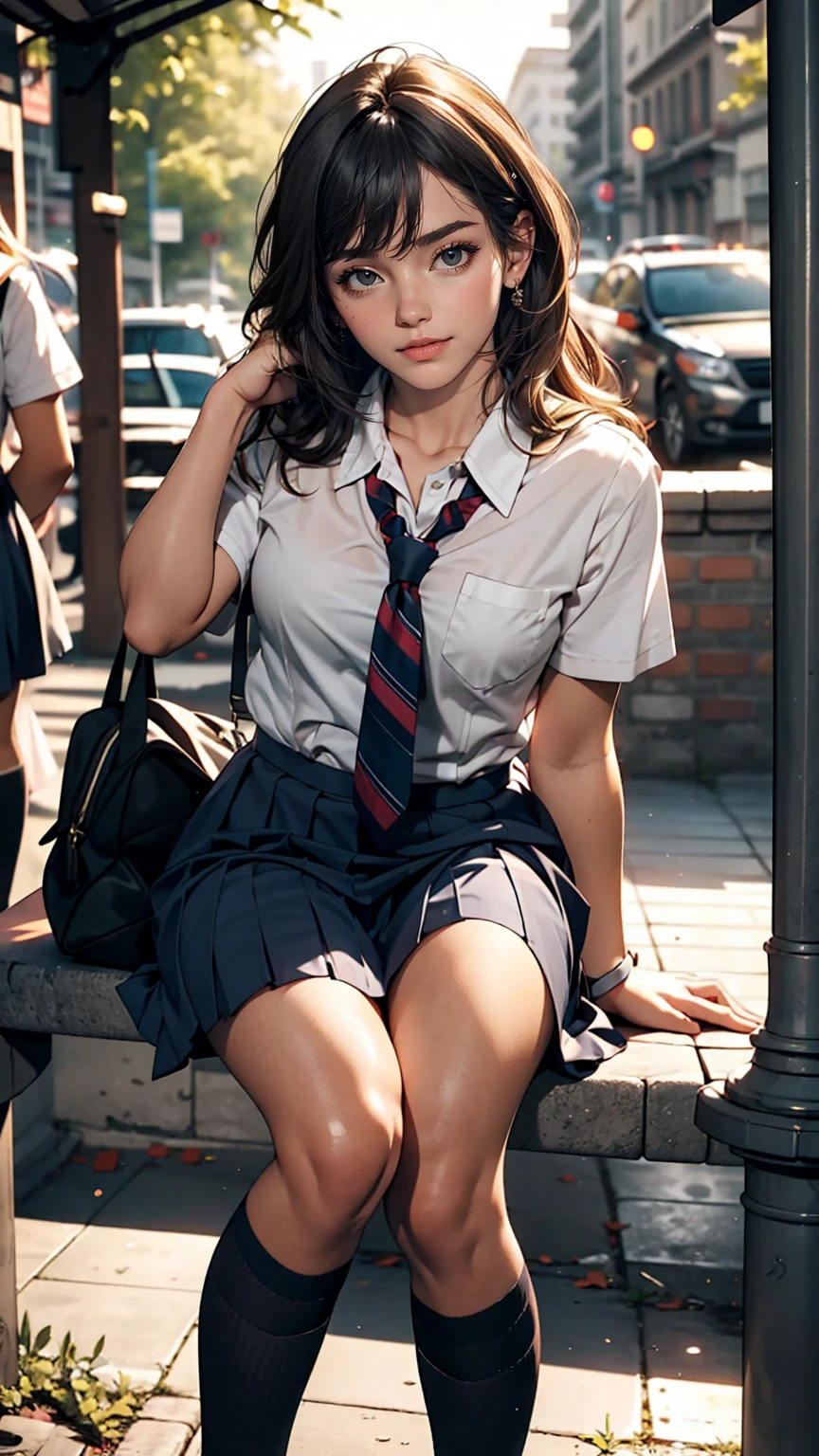One girl,((school uniform)), blush,A light smile, Sitting,Outdoor,