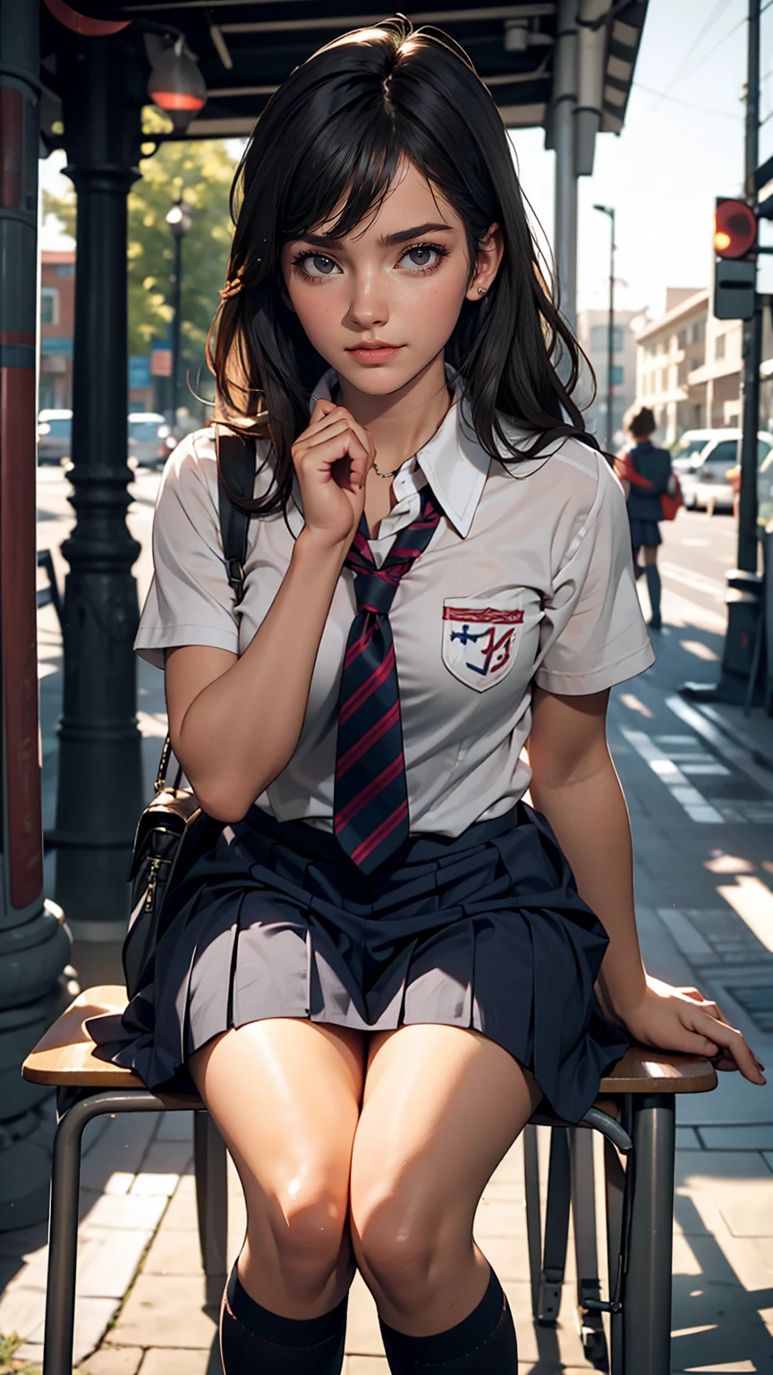 One girl,((school uniform)), blush,A light smile, Sitting,Outdoor,