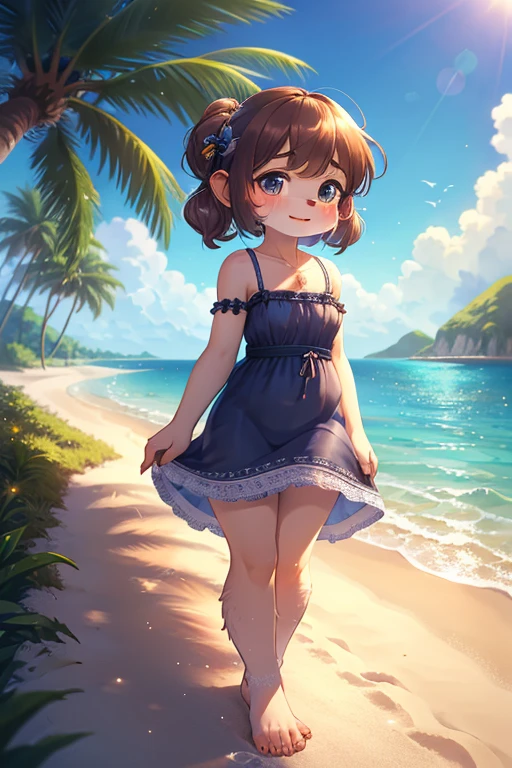 rear Bokeh , (hairy Phalangeridae girl:1.5) , realistic hairy fur , round face , moist eyes , Swollen cheeks , glossy lips , Childish hairstyle , 2 Hair ties , (long chemise:1.2) , Feeling the sea breeze on cheeks, run barefoot , When turn around, see one's footprints on the white sand , in the Mysterious Island , drink some water. will give some cold water , look at the sky , Seagulls are flying , Thank you , No matter how lonely the times, won't give up , Feeling the sea breeze on cheeks, run barefoot , turn around, see one's footprints on the white sand , front view