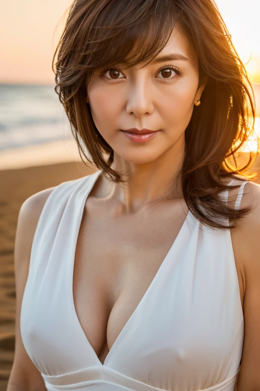 masterpiece, highest quality, High resolution, Photorealsitic, Raw photo, 8k wallpaper, perfection, Professional Lighting, Outdoor, Very detailed, Depth of written boundary,beach、Sandy Beach、sunset, ((One beautiful woman, Japanese Mature)), (48yo)), Female Sexy, Detailed face, Beautiful Eyes, Bangs, Shapely breasts, Boob Emphasis、I can see her cleavage、Light brown straight hair, Faint lips, ((Stand in front、Staring at the beholder、Serious face eyes。)), White Dress, Cowboy Shot。
