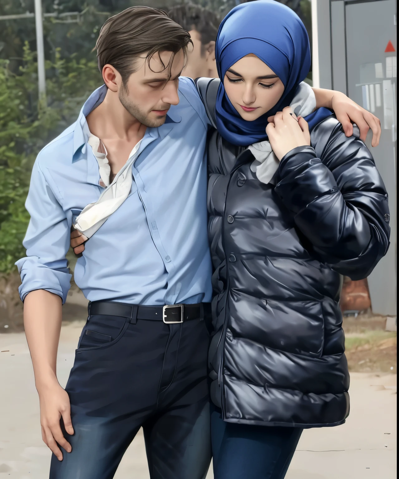 A young German man in a blue cotton shirt and jeans and a Syrian woman in a shiny plastic quilted coat and blue satin headscarf stand arm in arm in front of a refugee shelter, A German man in a cotton shirt and jeans is injured and is supported by a Syrian woman, A Syrian woman wearing a shiny plastic down coat supports an injured short-haired man, der nicht alleine gehen kann, A Syrian woman wearing a headscarf holds an injured short-haired man in her arms, Mitleid, Unfall, Verletzung, Erste Hilfe, Theater, ultra-realistisch, Foto