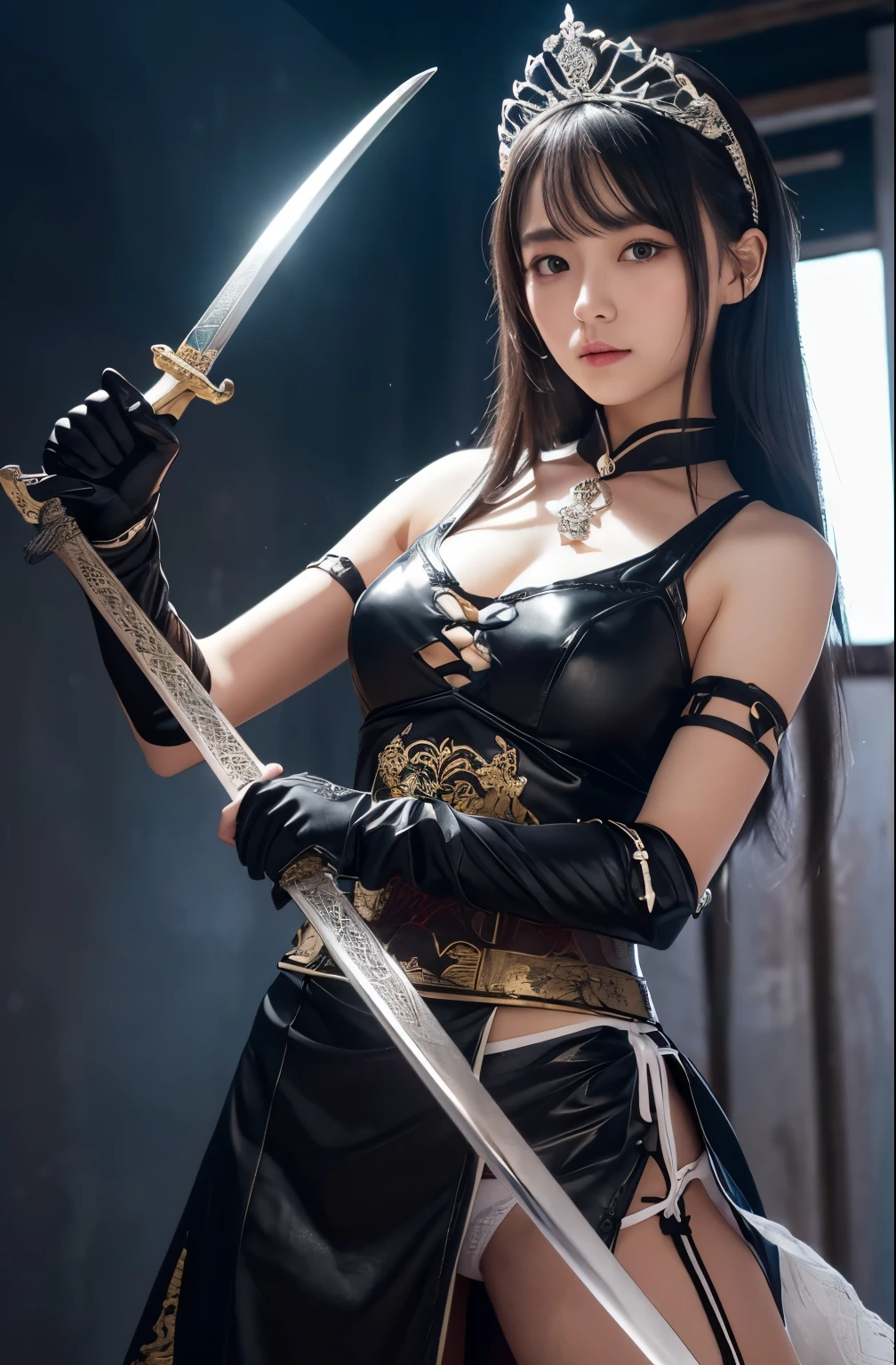 ( Absurdly , high quality , Very detailed,View Photographer ), ((A girl holding a sword in a dynamic pose,  She has a sword, She has a sword 1.2, beautiful sword,White panties:1.5)), ((Black Knight、BlackKnight、vampire knight))、beautiful girl, alone, (((very long white hair))), White panties、Beautiful crystal eyes ,Queen,Baroque, necklace, elegant,（White panties:1.5）, colorful,tiara,hair ornaments,Leather gloves,Cheongsam dress costume with detailed and beautiful colorful patterns