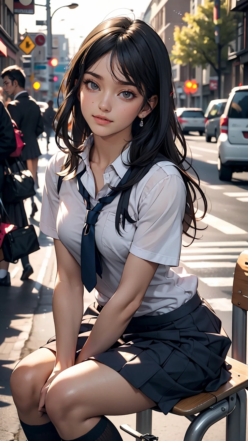 One girl,((school uniform)), blush,A light smile, Sitting,Outdoor,