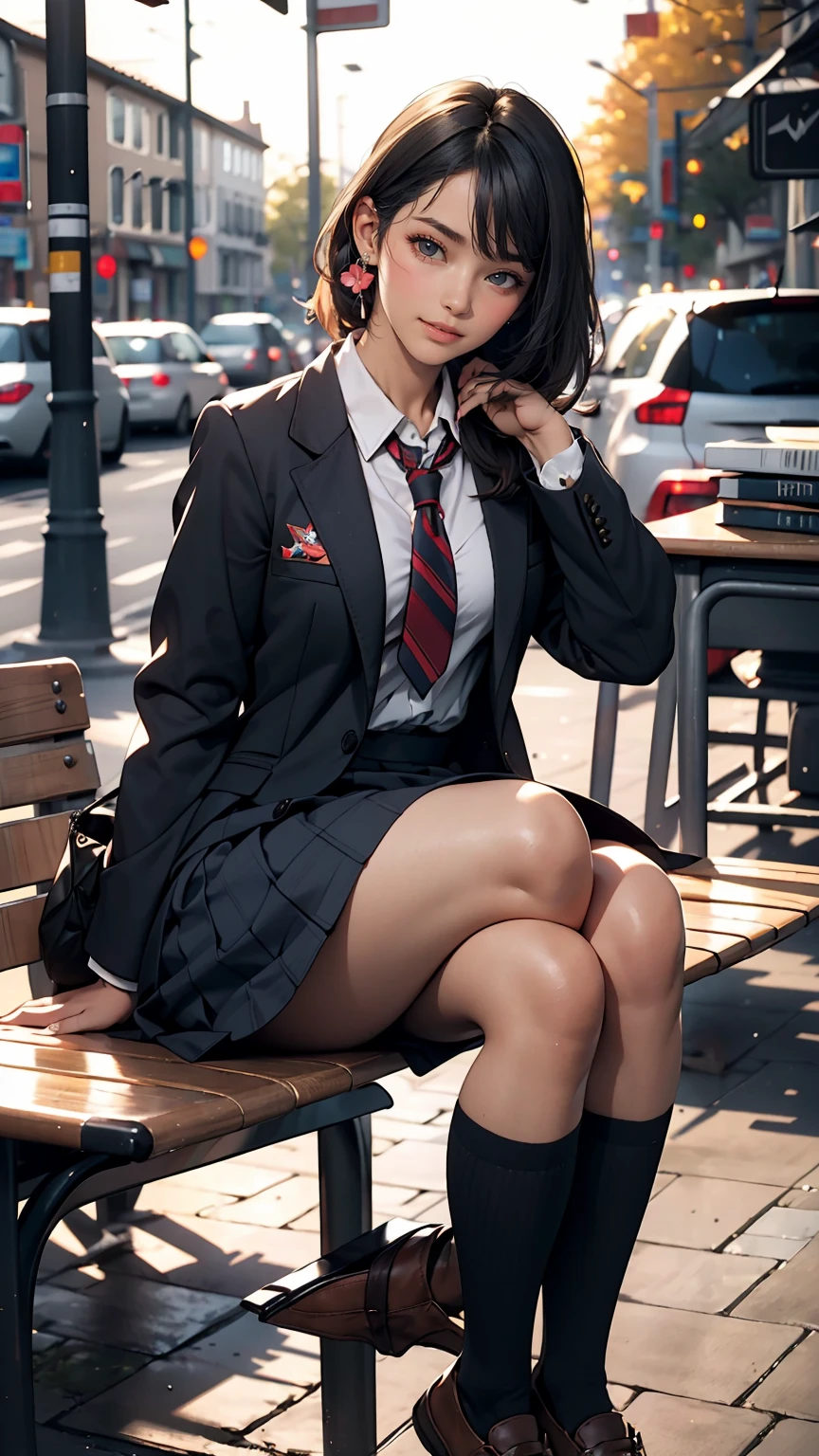 One girl,((school uniform)), blush,A light smile, Sitting,Outdoor,