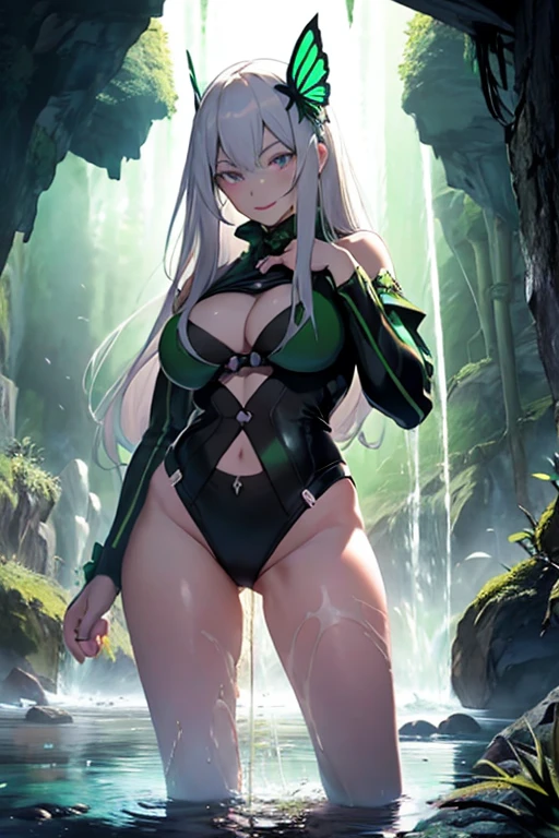 Put your hands on your thighs,Light,Faint light,Cinematic Light.Darkness without light deep underground, creepy limestone cave, Icicle,a small oasis in a cave,View from below,Waterway,((highest quality)),High resolution,Sharp focus,(Super detailed,Very detailed),
(Very detailed CG unity 8k wallpaper),(((Vibrant colors))),Anime Style,
Natural skin texture 鮮明な詳細, (Realistic eyes, Natural skin texture, Realistic facial details),
1 girl, Beautiful and elaborate face, Perfect Eyes,((Silver Hair)),Long Hair,Echidna, Deep purple eyes,
Butterfly Hair Ornament, (Colored eyelashes:1.1), eye shadow,
Red pink lips,The colors of another world,Arrogant look, Domineering smile,Big and ample breasts,Camel Toe
(Flying debris, 超High resolution),(((Black and Green Theme))),Wear an iridescent aura,
Invisible Light, Amazing shine, Neon green glow,
Bright colors, Ghostly Effects,Surreal Landscape,wearing black side-tie bikini,
(Peeing on your own,urination:1.4),wetting her 服, Pee running down her legs,
Big puddle of urine,