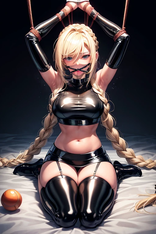 Shiny blond hair, very long hair, sophisticated haircut, ((((hair fully braided)))), ((small twisted braids)), thin and oval face, submissive, ((((tight latex crop top)))), ((((tight latex skirt)))), (((gagged with a fine ball gag:1.4))),cute and blushing 18 years old anime girl,look away because she is embarrassed and blushes,bright blue eyes,detailed face,detailed members,detailed arms,detailed hands, Girl lying, tied by ropes, shackled, can no longer move, tied tightly, very hard tied up with lots of ropes, hampered by so many ropes that she can no longer move, bound hands and feet, ropes tie his whole body, tied extremely tightly and forcefully to her bed by a lot of ropes, its limbs are strongly tied together by ropes, his torso is tied up with thick cords, her chest is so tied up with ropes that it sticks out, her legs are tied tightly with thick ropes, his hands are tied behind his back with ropes, she can no longer move her feet, her hands which are tied by thick ropes, she desperately tries to free herself, likes to be tied tight with big ropes, likes to be immobilized by big ropes, lying down, his hands and feet are strongly tied to the railing of his bed, his legs are pressed together and tied with ropes, its limbs are held vigorously by imposing ropes, her hands are tied securely behind her back by ropes, her chest is compressed by strong ropes, she is pressed against her bed and restrained by large ropes, (shibari, arms behind the back:1.4), (hands on the back), (masterpiece, best quality) 1.5, 1girl, solo, (sexy, beautiful woman, perfect face,perfect eyes,perfect hands), samus aran, (hands on the back), Spread the legs, s&#39; ((lie in bed by big ropes)), ((close up of the girl)), ((((lie in bed)))), ((((arms tied behind the back, Legs Tied,La fille est allongée sur le ventre, La fille est allongée sur le sol:1.5)))), ((((girl seen from behind:1.4)))), ((((girl lying down on her stomach:1.4)))), ((((Outstretched arms:1.5)))), ((((Detailed hands:1.5))))