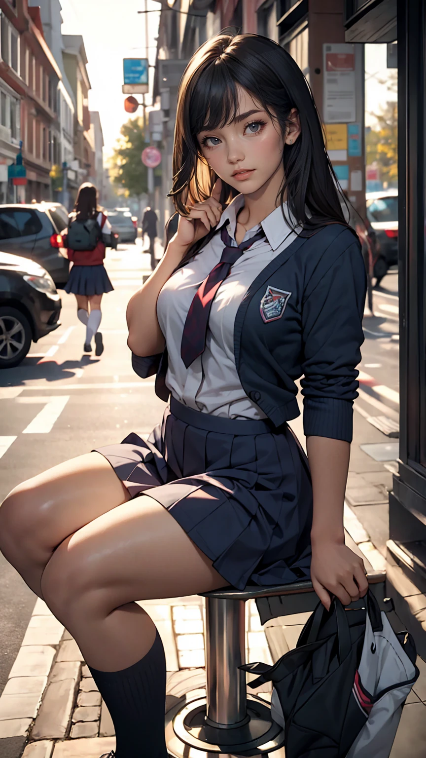 One girl,((school uniform)), blush,A light smile, Sitting,Outdoor,
