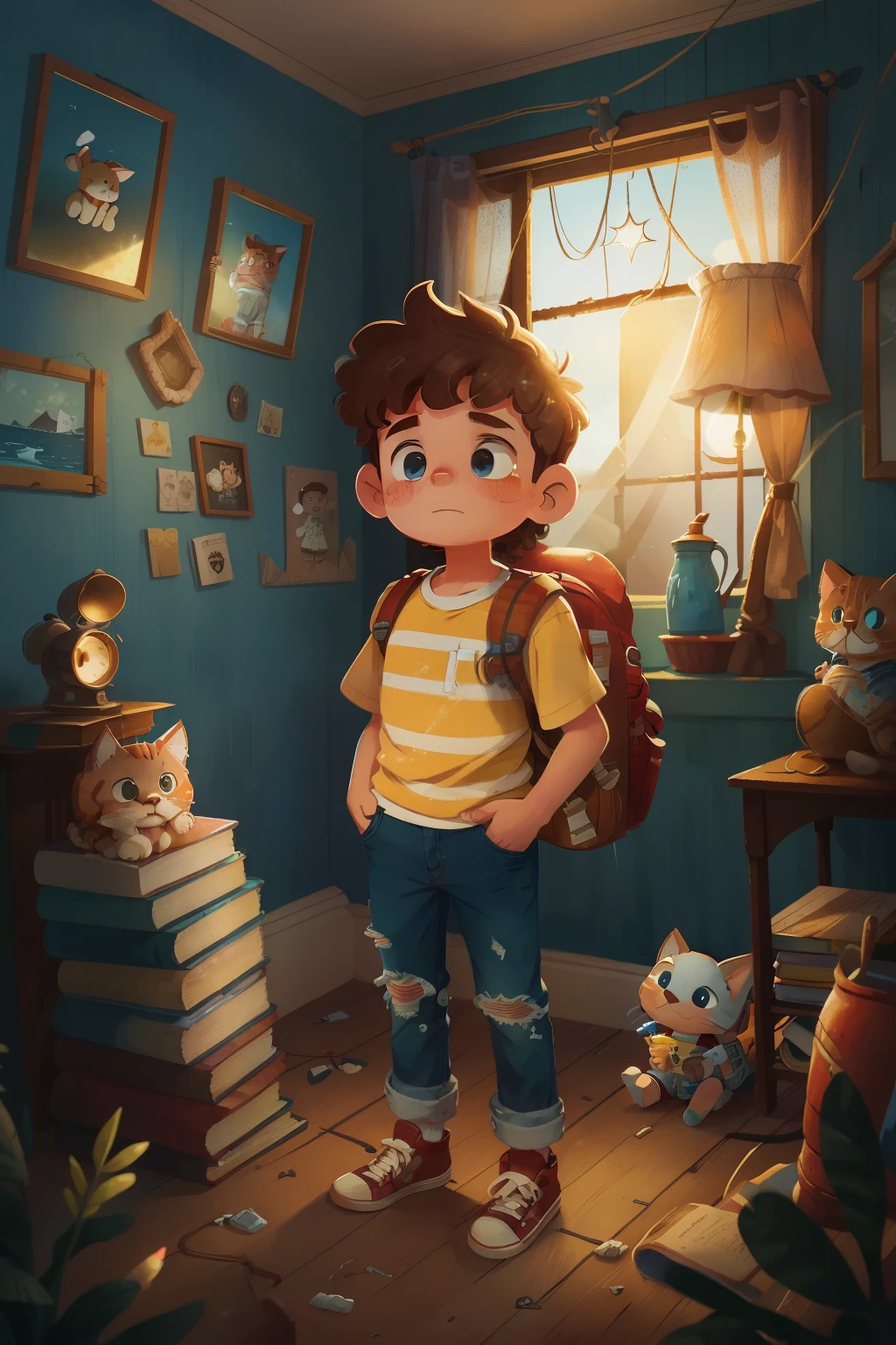 A meticulously crafted statue-like image of a 10-year-old boy named Lucas stands before a striking, decaying mansion, its shattered windows hinting at a past filled with charm and nostalgia. Surrounding Lucas are a cluster of inquisitive, fluffy kittens, their eyes sparkling with curiosity. The boy, with light brown, short, wavy hair and freckled fair skin, wears a worn-out blue and white striped t-shirt, faded jeans, and well-worn red sneakers. In his hand, he cradles a yellow backpack, and in the other, a flashlight casts a warm, focused beam against the enc