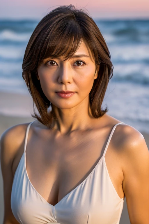 masterpiece, highest quality, High resolution, Photorealsitic, Raw photo, 8k wallpaper, perfection, Professional Lighting, Outdoor, Very detailed, Depth of written boundary,beach、Sandy Beach、sunset, ((One beautiful woman, Japanese Mature)), (48yo)), Female Sexy, Detailed face, Beautiful Eyes, Bangs, Shapely breasts, Boob Emphasis、I can see her cleavage、Light brown straight hair, Faint lips, ((Stand in front、Staring at the beholder、Serious face eyes。)), White Dress, Cowboy Shot。
