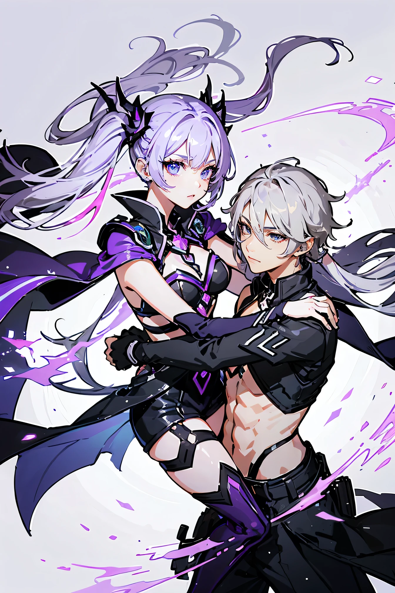 ((Couple with a girl:1.3)),Best Quality, Ultra High Resolution, Cute, (KPOP Idol), (Long Twintail), (Light Purple Hair:1), ((Big Eyes)), Looking at you, upper body, Front View,A character with long, flowing silver hair and a slender build, wearing a black and white outfit that includes thigh-high boots and gloves. The character is in a dynamic pose surrounded by ethereal purple crystals and energy,
The character is in a dynamic pose surrounded by ethereal purple crystals and energy,A character with long, flowing purple hair, wearing a metallic top and black shorts with thigh-high boots. The outfit includes straps and belts, giving it a futuristic or fantasy style. The character is in a dynamic pose with radiant light or energy surrounding them, set against a minimalistic abstract background,