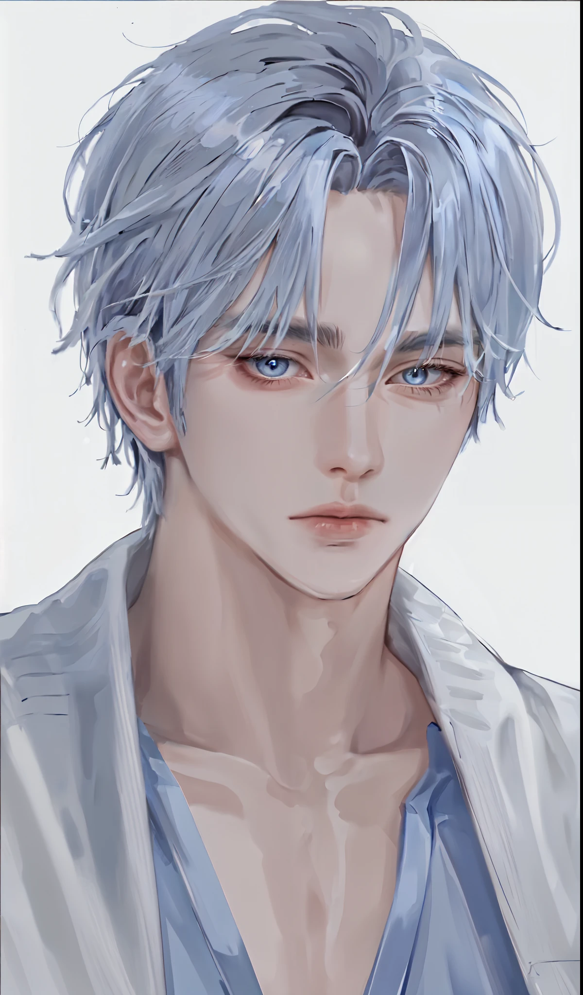 Boy, gray hair, blue eyes, sharp features, white skin, sweater