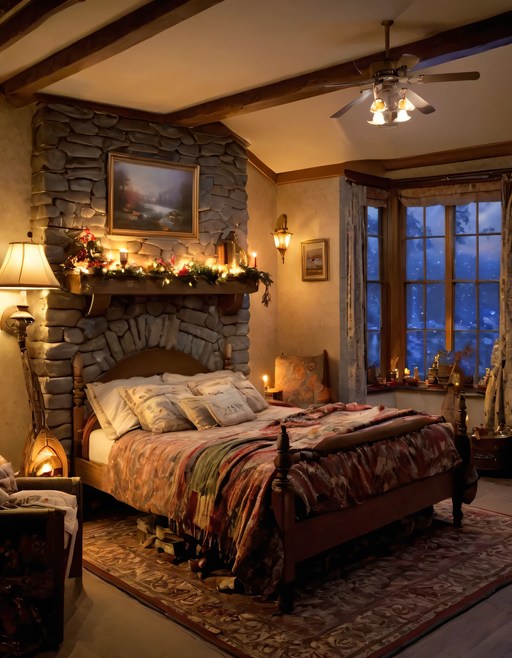 arafed bedroom with a fireplace and a bed with a blanket, thomas kinkade. cute cozy room, cozy and calm, cozy setting, very cozy, cozy wallpaper, cozy room, cozy place, cozy and peaceful atmosphere, cosy enchanted scene, cozy candlelight, cozy environment, cozy bed, soothing and cozy landscape, cozy atmosphere, cosy fireplace