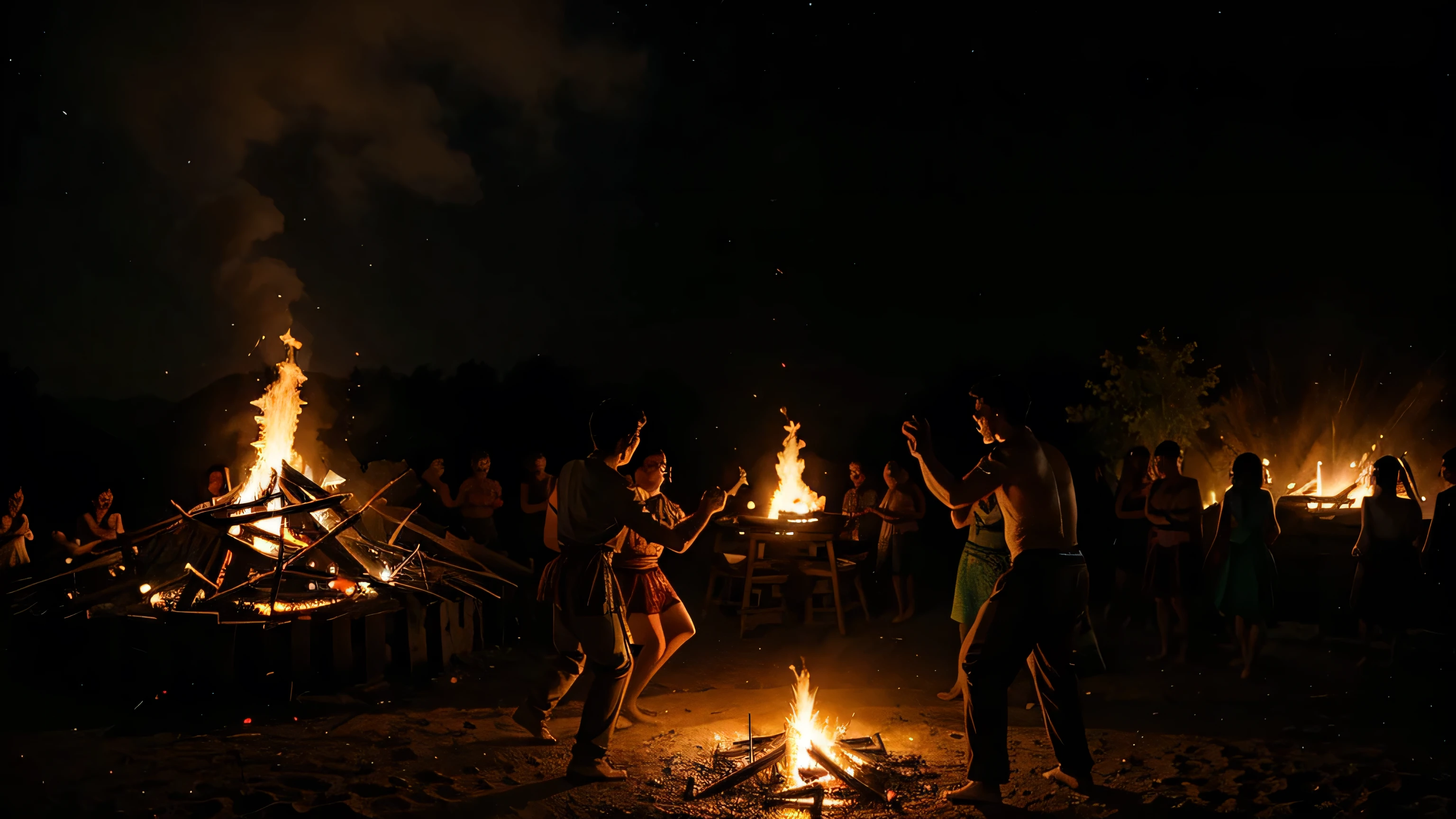 villagers dancing at night around a bonfire