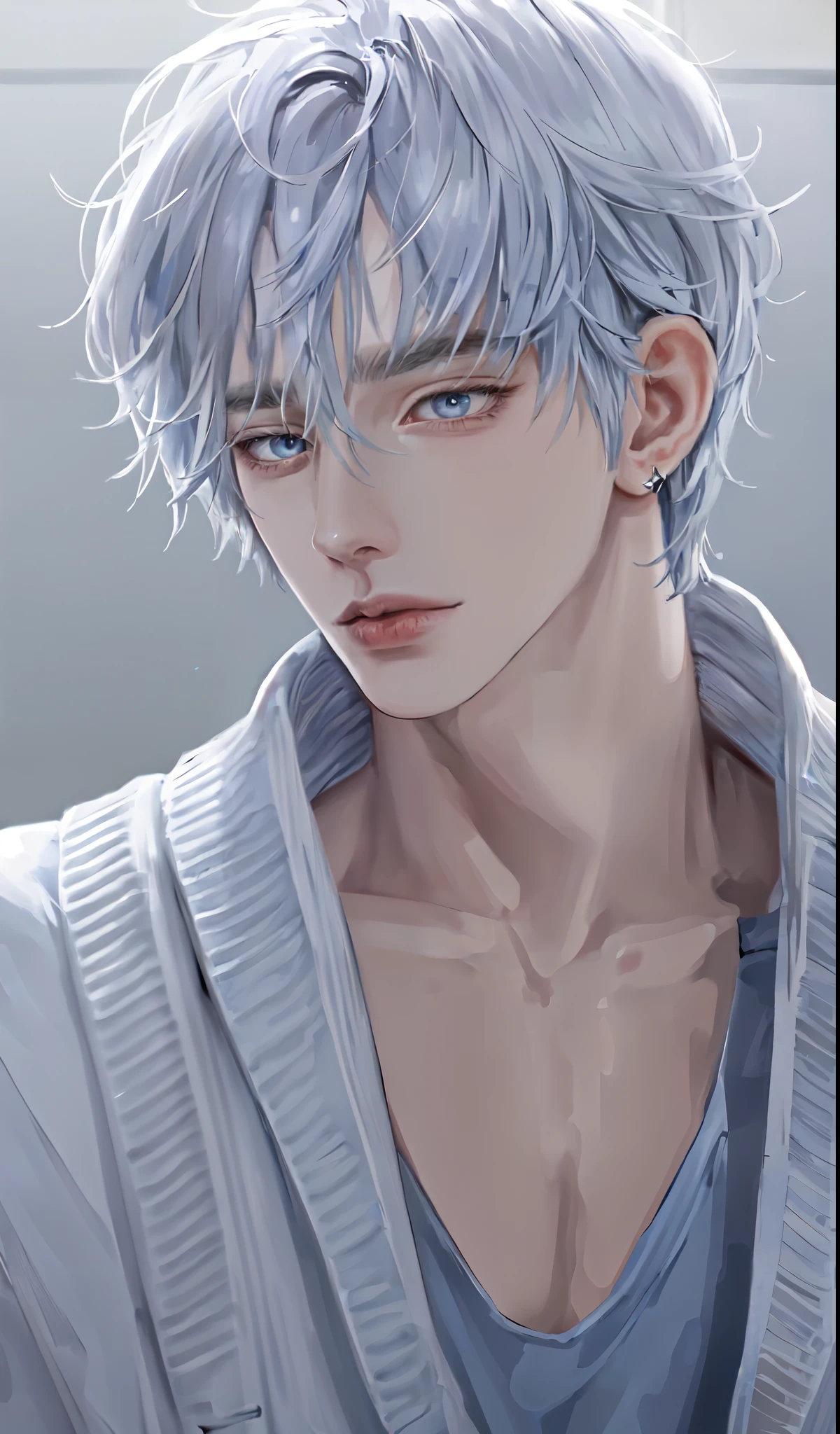 Boy, gray hair, blue eyes, sharp features, white skin, sweater