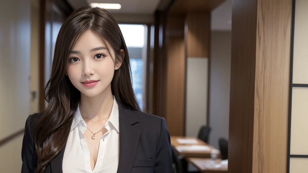 Tabletop、highest quality、Genuine、Very detailed、finely、High resolution、8k wallpaper、One beautiful woman、、Light brown messy hair、Wear a business suit、Sharp focus、Perfect dynamic composition、Beautiful fine details、Thinning hair、詳細なGenuineな肌の質感、Cute Smile、Model Body Type、It is explained here、office、looking at the camera、Are standing