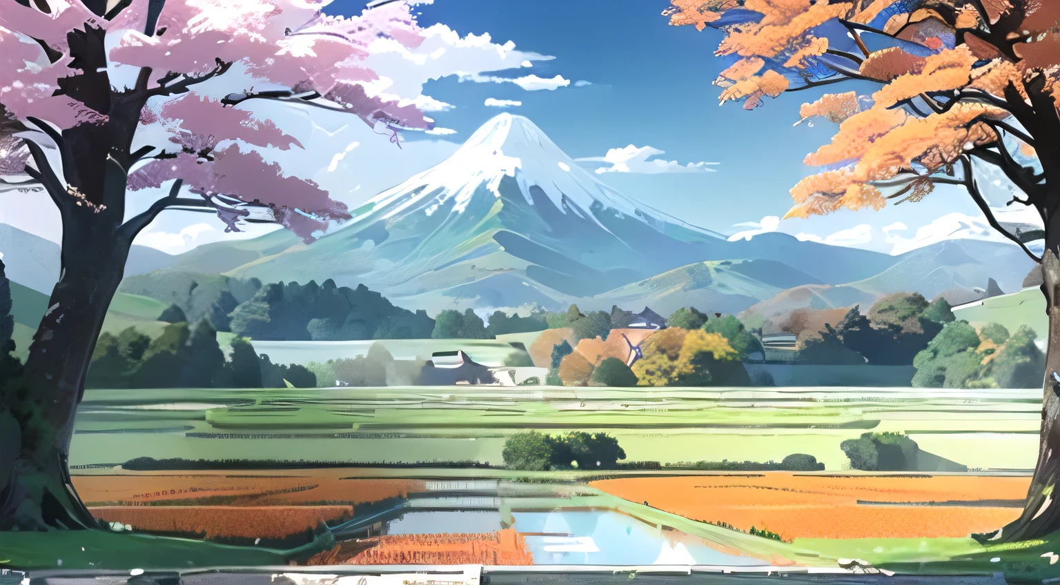 Autumn leaves tree、Paddy field、Mountain