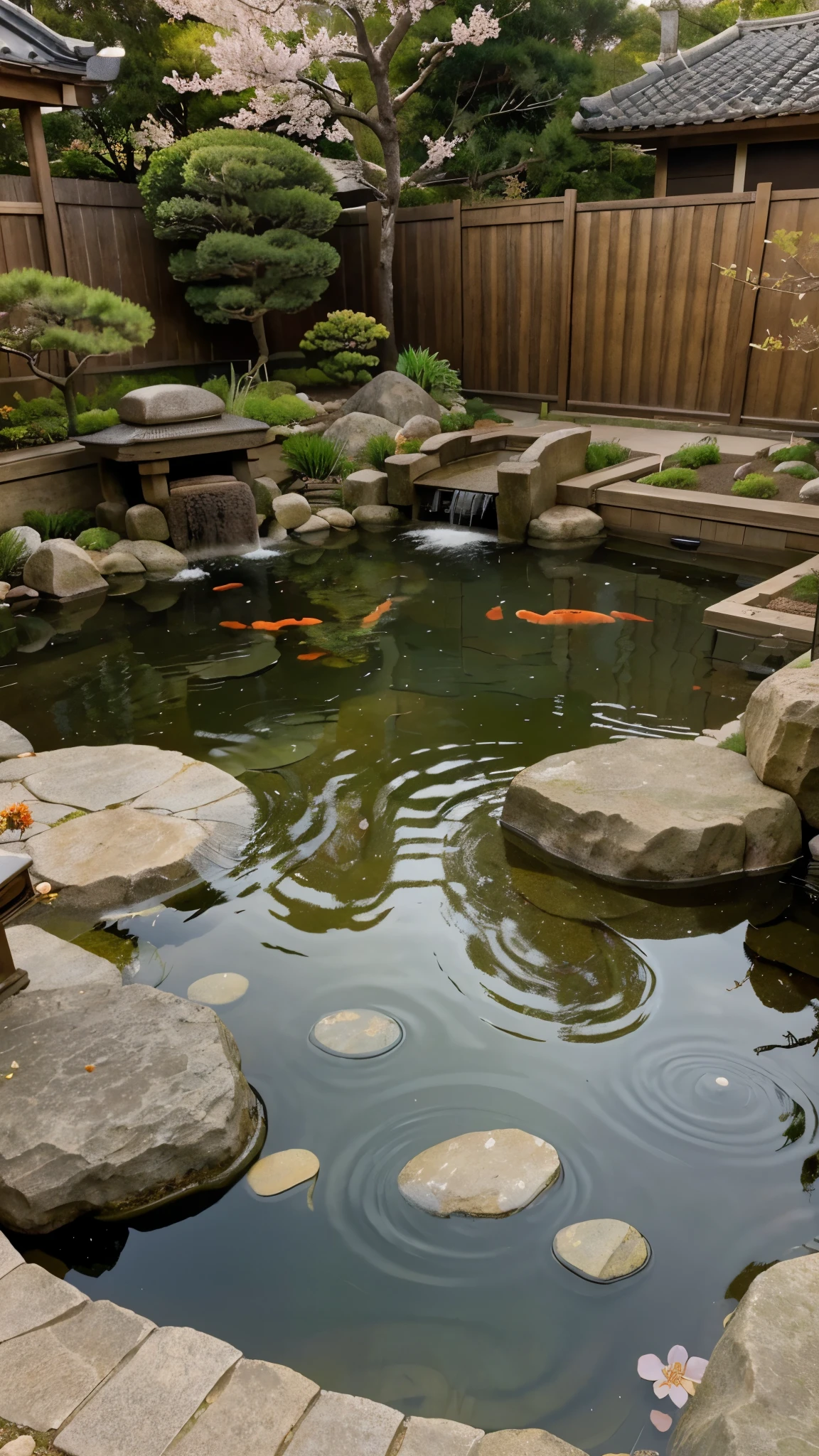 Zen Garden with Koi Pond": A tranquil Japanese Zen garden with carefully raked sand, smooth stones, a serene koi pond with colorful fish, and delicate cherry blossoms, creating a peaceful and harmonious atmosphere.