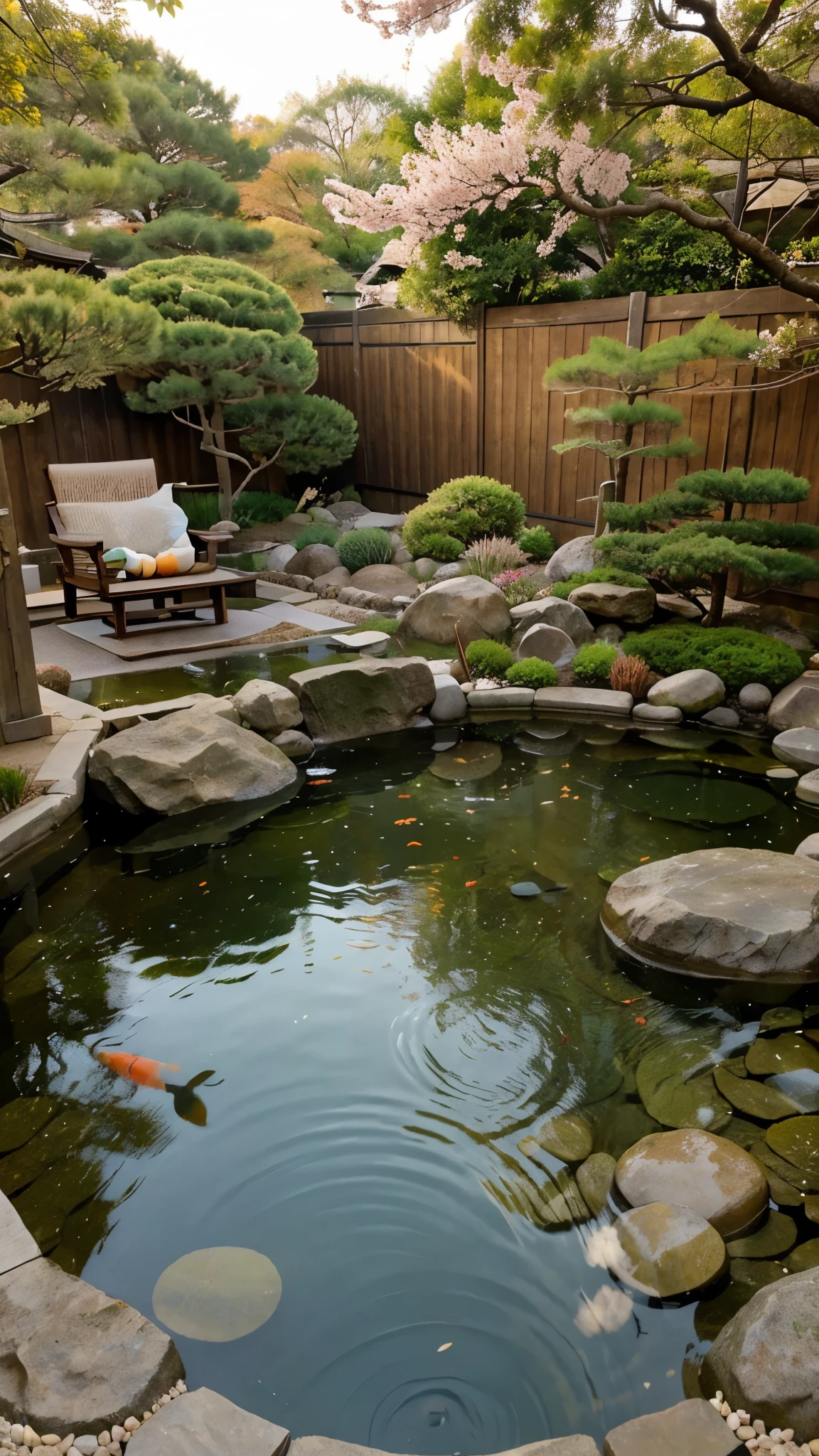 Zen Garden with Koi Pond": A tranquil Japanese Zen garden with carefully raked sand, smooth stones, a serene koi pond with colorful fish, and delicate cherry blossoms, creating a peaceful and harmonious atmosphere.