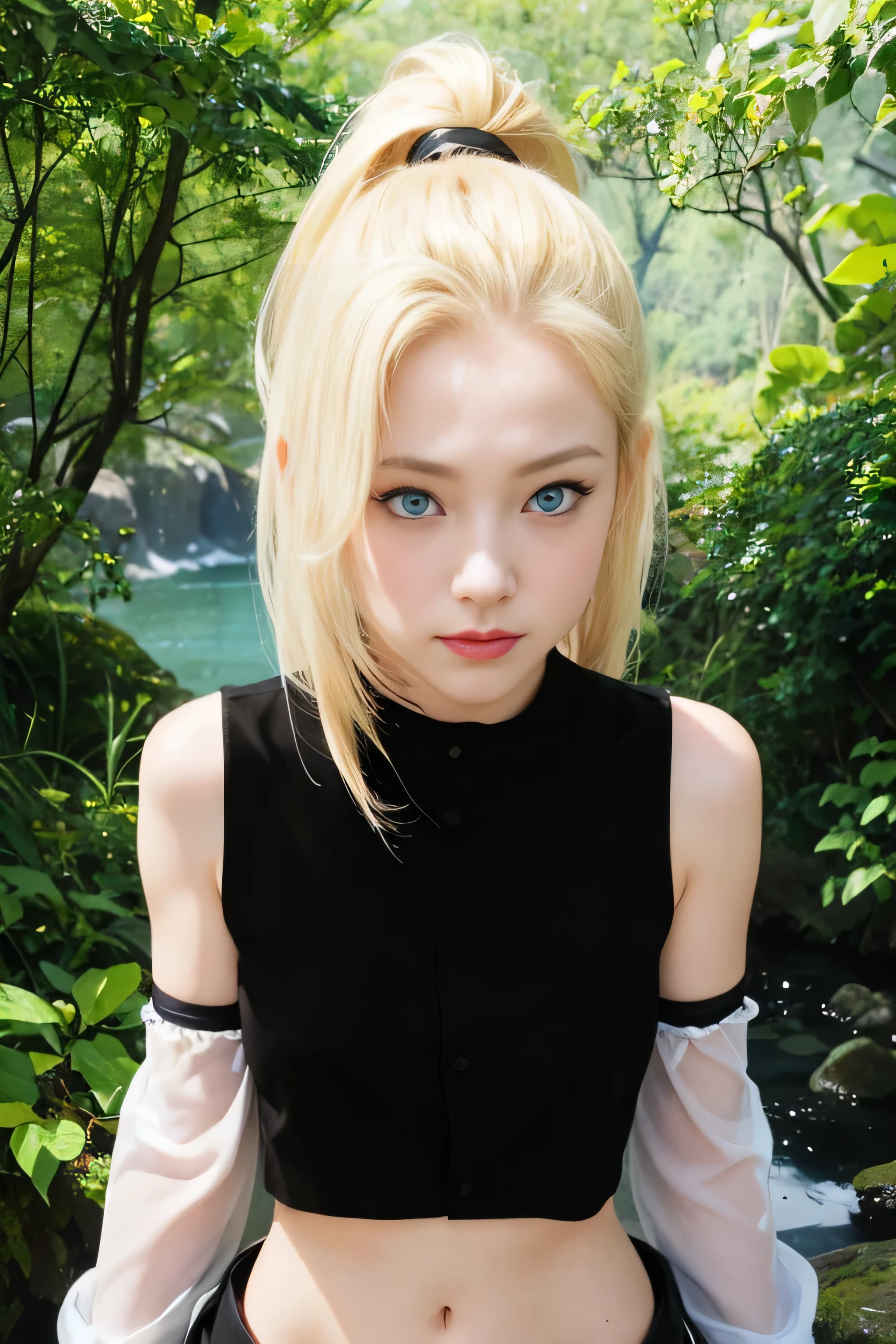 masterpiece, best quality, (realistic,photo-realistic:1.4), (RAW photo:1.2), extremely detailed CG unity 8k wallpaper, delicate and beautiful, amazing,finely detail, official art, absurdres, incredibly absurdres, huge filesize, ultra-detailed,extremely detailed eyes and face,light on face,yamanaka ino,(little smile),(blonde hair:1.4),(long hair:1.4),ponytails,(wearing black clothes:1.5),brown belt,blue eyes,river