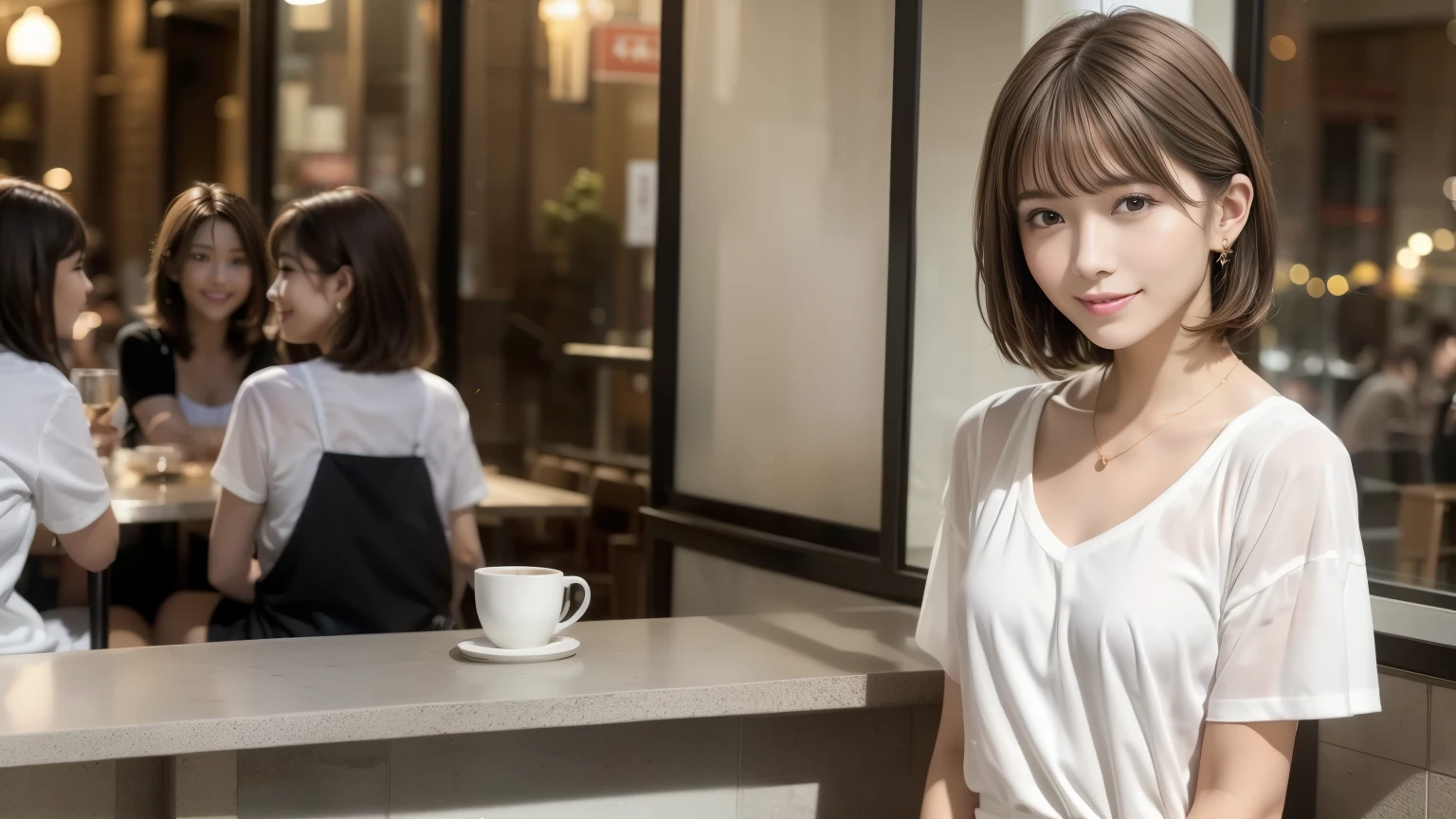 super high quality, Short Hair, Slender, Gravure photoshoot, The staff is working at the counter in the back., (8k、RAW Photos、highest quality、masterpiece:1.2), Japanese Idol, Shaggy, Stylish café, The cafe is crowded with people enjoying themselves., (Realistic、Photorealistic:1.37), Mesh Hair, Urban Cafe, Golden Ratio, Raw photo, Cute face , Light Brown Hair, Earrings, Small breasts, Bright cafe interior, Beauty salon model, Spring Clothes, necklace, Spoiled, Cafe Terrace, Open Cafe, Smile, Hair blowing in the wind, Neat clothes, T-Shirts, 18-year-old, younger sister,