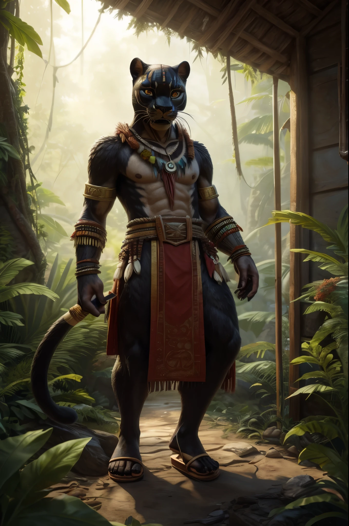 (((Barefoot furry character, full body, cinematic setting, furry male, plantigrade, wears sandals)))
stealthy and agile ((black panther)) anthro with sleek black fur and piercing amber eyes. Clad in tribal-inspired attire with dart motifs symbolizing curare's traditional use in blow darts. The figure stands barefoot in a dense rainforest setting, surrounded by vines and exotic plants like Strychnos toxifera, used in curare preparation by indigenous tribes.
BREAK, detailed background, 8K, (masterpiece:1.5), intricate details, highly detailed, extreme detail, octane render, fine art, best quality, highres, (detailed face:1.5), ((full_body)), UHD, (((perfect hands))), low light