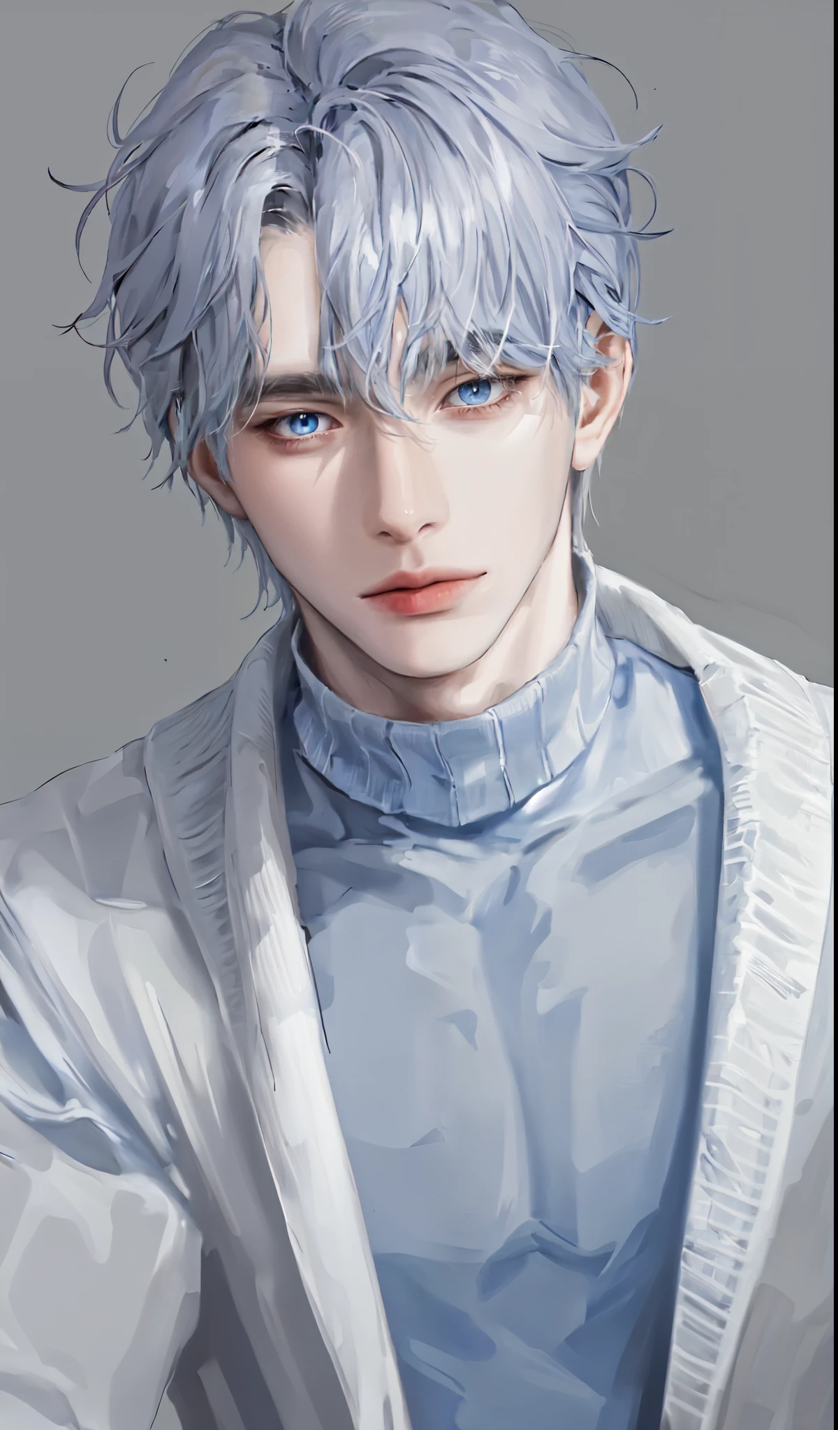 Boy, gray hair, blue eyes, sharp features, white skin, sweater