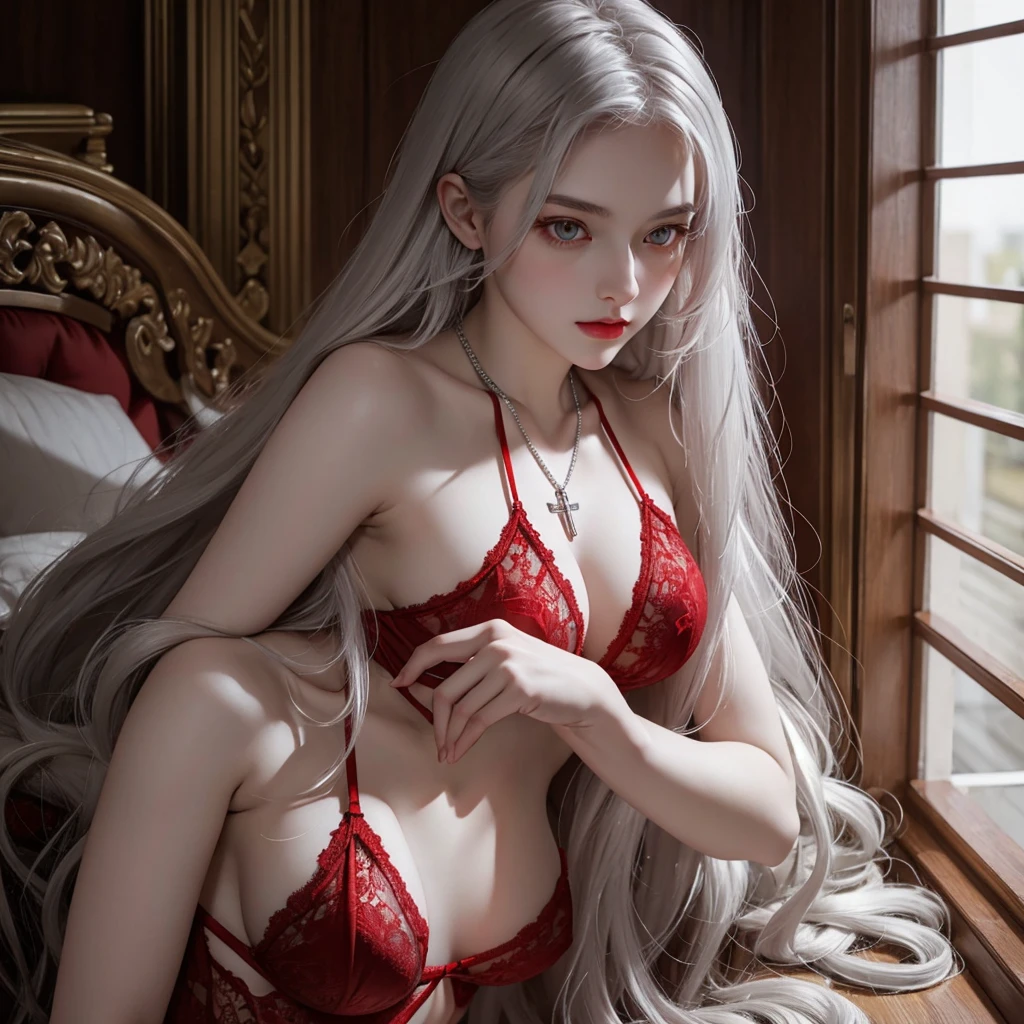 Adult. Female. Long silver hair. Deep red eyes. Rosy cheek. Pale skin. Red lingerie. Silver cross necklace. Single person in one picture. Half body. Almond eyes. Still face.