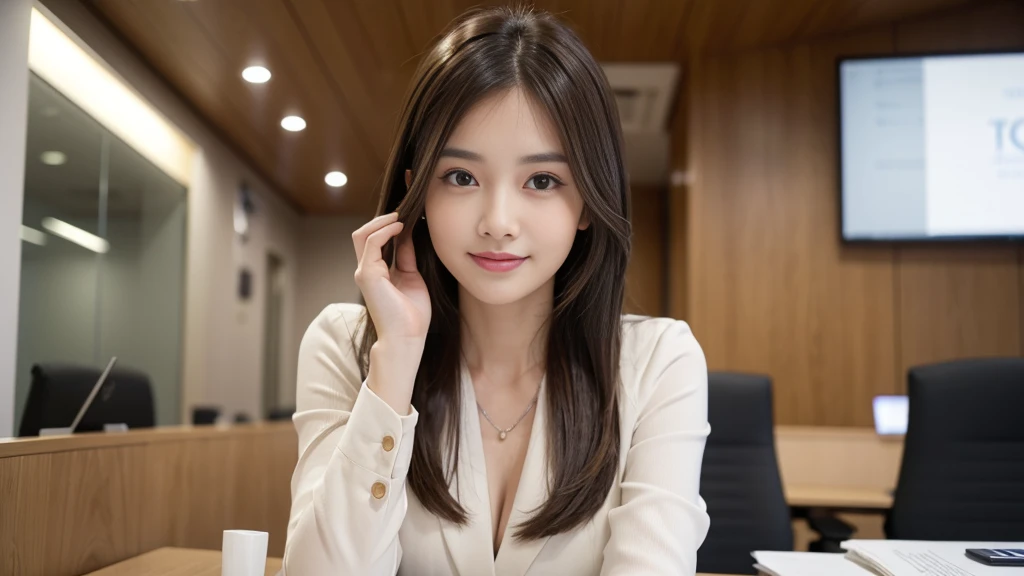 Tabletop、highest quality、Genuine、Very detailed、finely、High resolution、8k wallpaper、One beautiful woman、、Light brown messy hair、Wear a business suit、Sharp focus、Perfect dynamic composition、Beautiful fine details、Thinning hair、詳細なGenuineな肌の質感、Cute Smile、Model Body Type、It is explained here、conference room、looking at the camera、Are standing