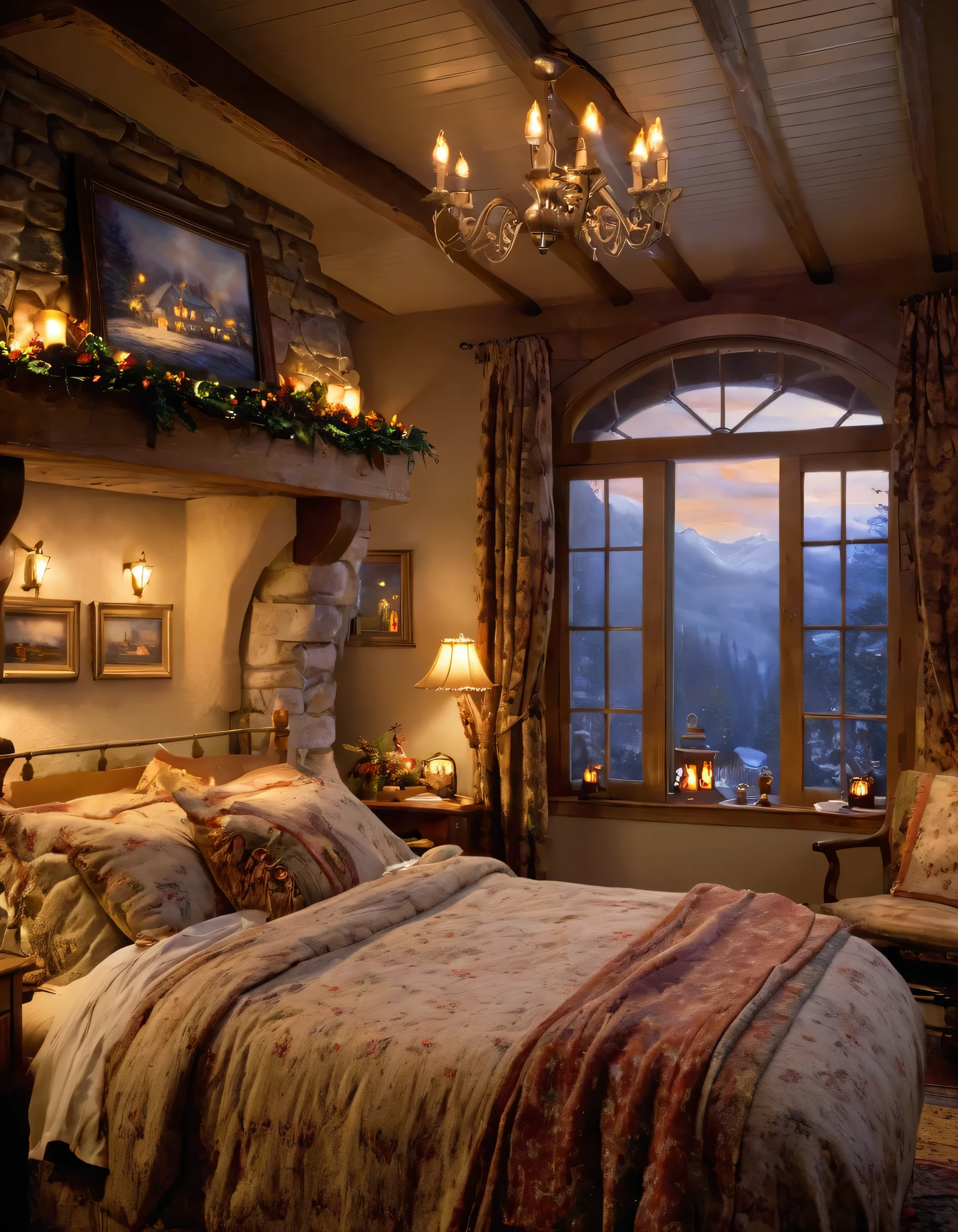 arafed bedroom with a fireplace and a bed with a blanket, thomas kinkade. cute cozy room, cozy and calm, cozy setting, very cozy, cozy wallpaper, cozy room, cozy place, cozy and peaceful atmosphere, cosy enchanted scene, cozy candlelight, cozy environment, cozy bed, soothing and cozy landscape, cozy atmosphere, cosy fireplace