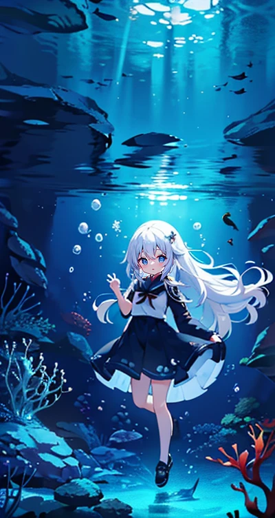 (Peace Fly), (highest quality), Very detailed, 1 girl, Personal full-body photo, Perfect Face, beautiful girl, Very detailed顔,(Long white hair:1.5),(blue eyes:1.4),(Flowing Hair:1.4),(Underwater:1.4),sink,school fishy,Light,jellyfish,Seaweed,Redfish,fishy,deep sea,Fantasy