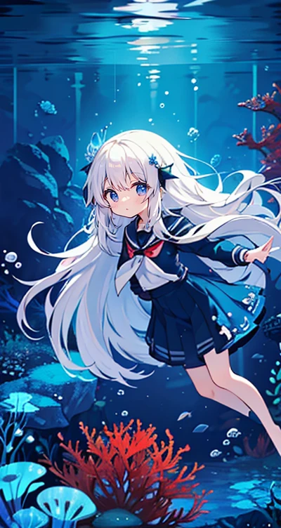 (Peace Fly), (highest quality), Very detailed, 1 girl, Personal full-body photo, Perfect Face, beautiful girl, Very detailed顔，(Long white hair:1.5)，(blue eyes:1.4)，(Flowing Hair:1.4)，(Underwater:1.ink，school fishy，Light，jellyfish，Seaweed，Redfish，fishy，deep sea，Fantasy
