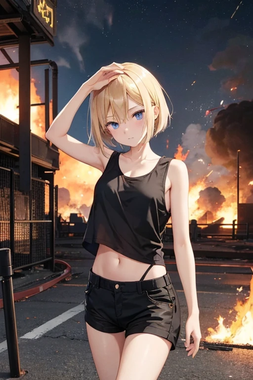 At night、Explosion and fire at air base、Black Smoke、fence、Exploding buildings、Turn around and show me your ass、Cute blonde Girl、Cute face、Elegant and smooth body、Whole Body Ezbian、Short Bob Hair、blonde、blue eyes、Black Belly Button Tank Top、Sexy black shorts、Wearing black shorts