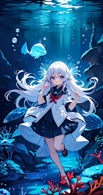 (Peace Fly), (highest quality), Very detailed, 1 girl, Personal full-body photo, Perfect Face, beautiful girl, Very detailed顔，(Long white hair:1.5)，(blue eyes:1.4)，(Flowing Hair:1.4)，(Underwater:1.4)，sink，school fishy，Light，jellyfish，Seaweed，Redfish，fishy，deep sea，Fantasy