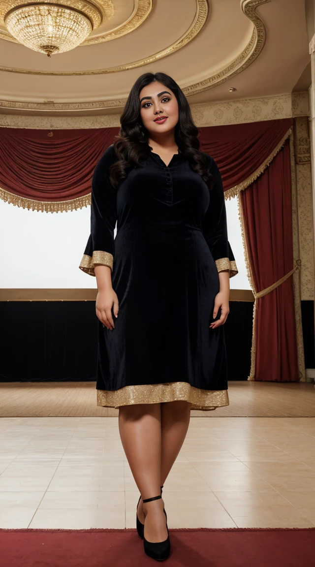 monali thakur Indian beautiful actress curvy plus size hour glass bulky figure woman, closeup camera view, wearing SHEIN VCAY Plus Size Vintage Style Printed Sleeve Shirred Cami Dress, different style hairstyle, bright eyes, thin eyebrows, fair skin, blushing cheeks, prefect head to toe view, full body view, Vintage Theater: An old theater with ornate decor, velvet curtains, and vintage charm. smile face, black hair, Indian face, perfect skin tone light, ultra realistic skin texture