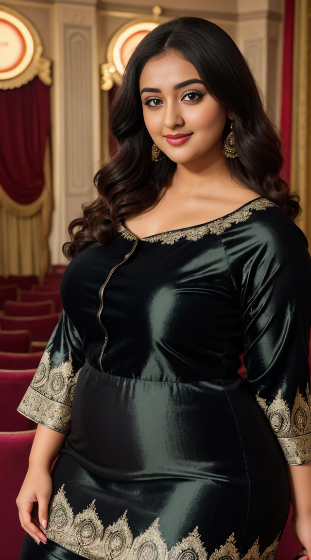 monali thakur Indian beautiful actress curvy plus size hour glass bulky figure woman, closeup camera view, wearing SHEIN VCAY Plus Size Vintage Style Printed Sleeve Shirred Cami Dress, different style hairstyle, bright eyes, thin eyebrows, fair skin, blushing cheeks, prefect head to toe view, full body view, Vintage Theater: An old theater with ornate decor, velvet curtains, and vintage charm. smile face, black hair, Indian face, perfect skin tone light, ultra realistic skin texture