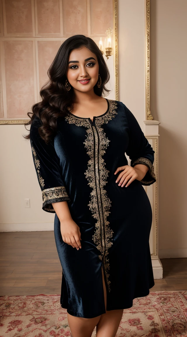 monali thakur Indian beautiful actress curvy plus size hour glass bulky figure woman, closeup camera view, wearing SHEIN VCAY Plus Size Vintage Style Printed Sleeve Shirred Cami Dress, different style hairstyle, bright eyes, thin eyebrows, fair skin, blushing cheeks, prefect head to toe view, full body view, Vintage Theater: An old theater with ornate decor, velvet curtains, and vintage charm. smile face, black hair, Indian face, perfect skin tone light, ultra realistic skin texture