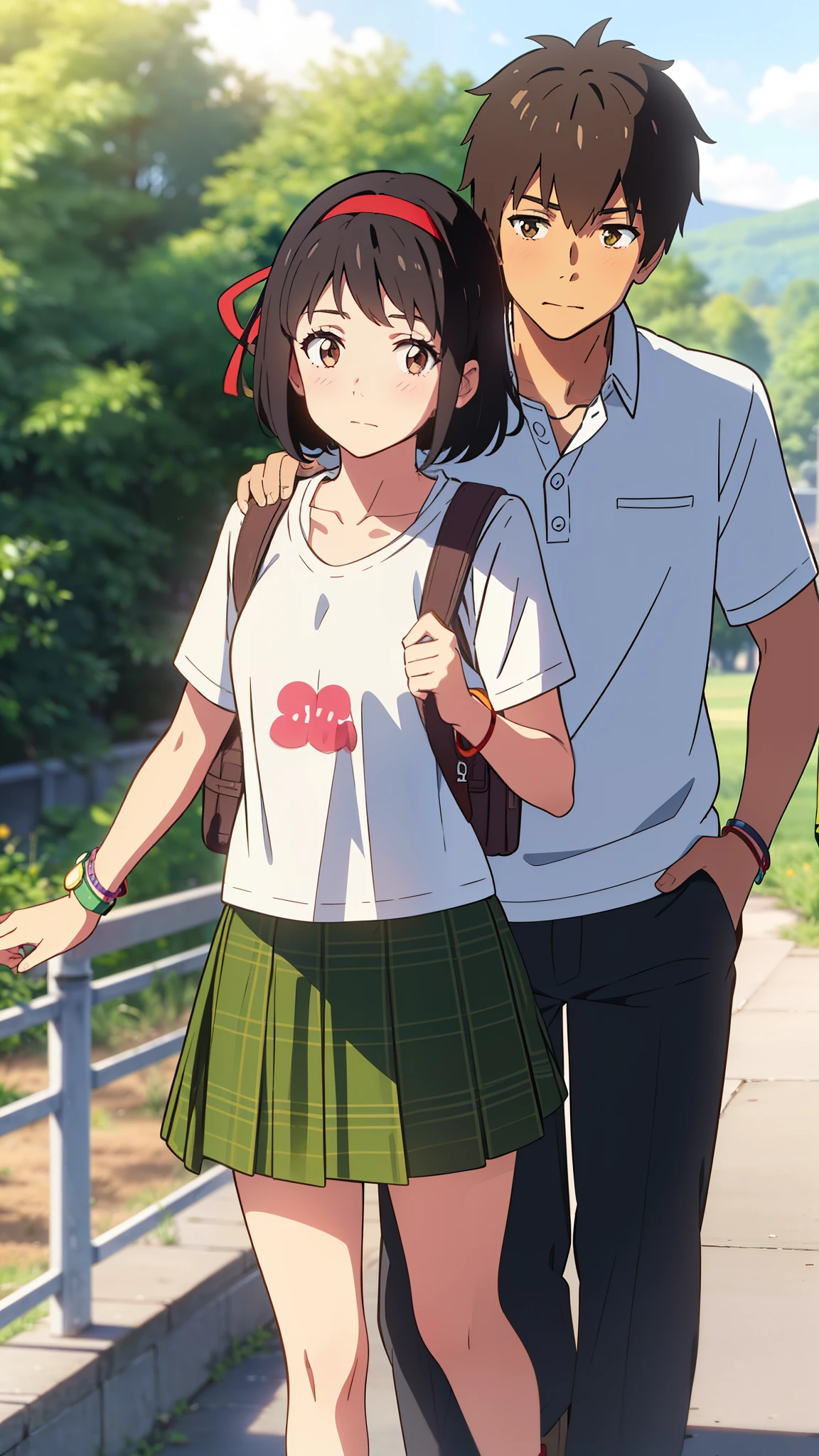 shinkai makoto, kimi no na wa., 1girl, 1boy, bangs, black hair, short hair, blush, black hair, short hair, brown eyes, (boy wear casual shirt, shorts), ((girl wear casual shirt, red headband, red ribbon, green skirt, plaid skirt)), t-shirt, bracelet, cute, love, couple, adorable, dating, outdoors, looking at the viewer, forest and farm background, backpack