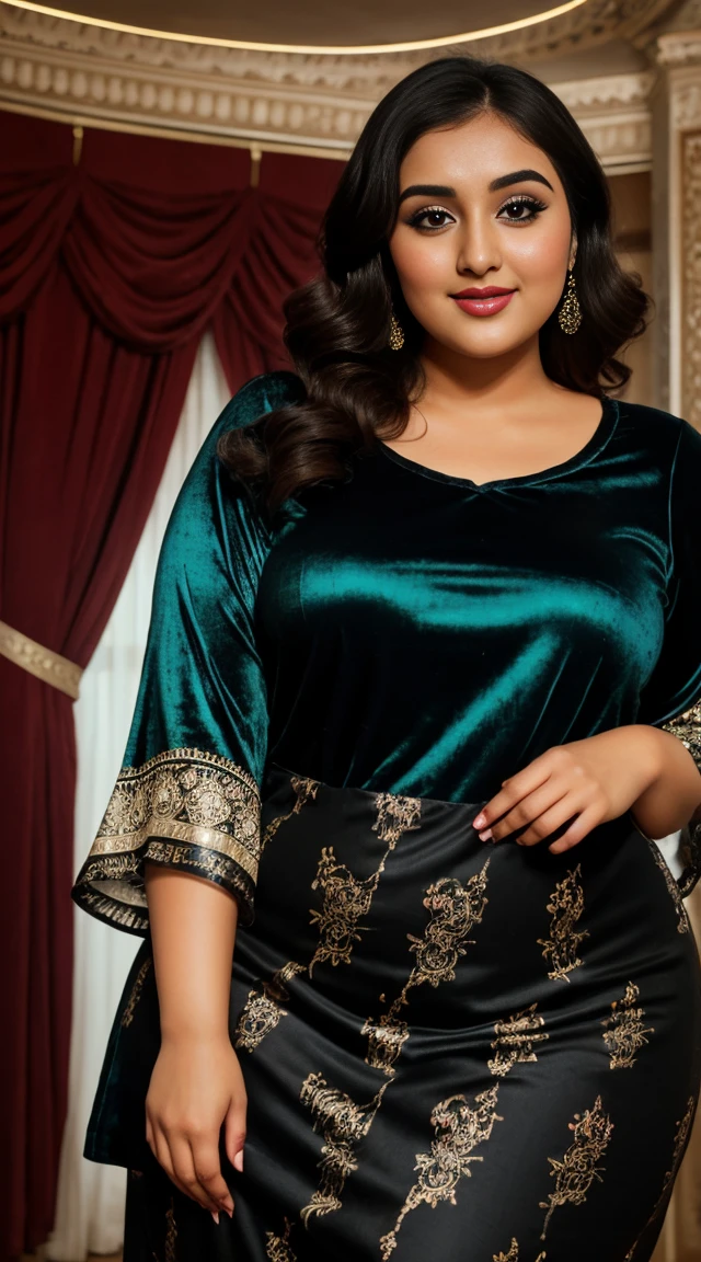 monali thakur Indian beautiful actress curvy plus size hour glass bulky figure woman, closeup camera view, wearing SHEIN VCAY Plus Size Vintage Style Printed Sleeve Shirred Cami Dress, different style hairstyle, bright eyes, thin eyebrows, fair skin, blushing cheeks, prefect head to toe view, full body view, Vintage Theater: An old theater with ornate decor, velvet curtains, and vintage charm. smile face, black hair, Indian face, perfect skin tone light, ultra realistic skin texture