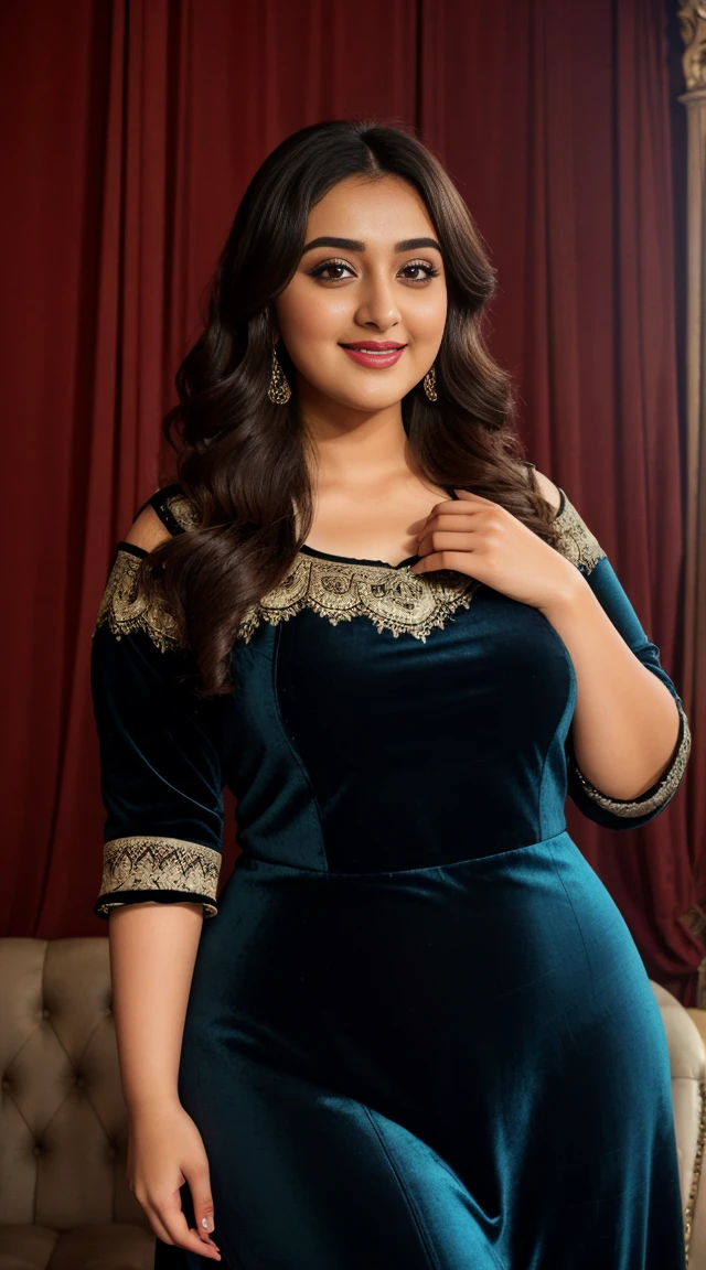 monali thakur Indian beautiful actress curvy plus size hour glass bulky figure woman, closeup camera view, wearing SHEIN VCAY Plus Size Vintage Style Printed Sleeve Shirred Cami Dress, different style hairstyle, bright eyes, thin eyebrows, fair skin, blushing cheeks, prefect head to toe view, full body view, Vintage Theater: An old theater with ornate decor, velvet curtains, and vintage charm. smile face, black hair, Indian face, perfect skin tone light, ultra realistic skin texture