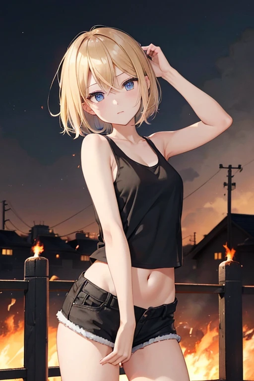 at night、Explosion and fire at air base、Black smoke、fence、Exploding buildings、Turn around and show me your ass、Cute Blonde Girl、Cute face、Elegant and smooth body、Whole Body Ezbian、Short Bob Hair、Blonde、blue eyes、Black cropped tank top、Sexy black shorts、Wearing black shorts