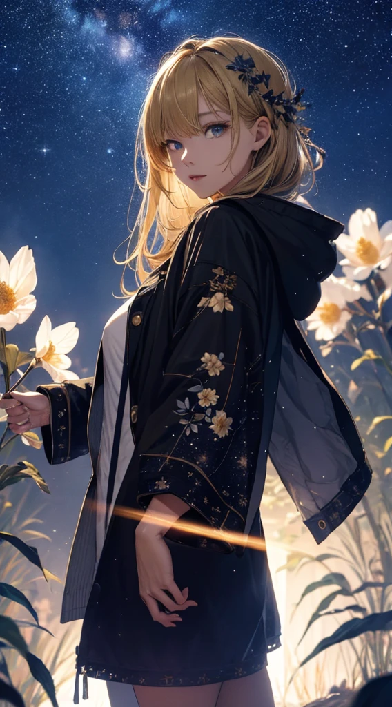 masterpiece, high quality, 4K, Beautiful design, silhouette,blonde, 非常に詳細な夜のStarry Sky,Flower Field, wonderful, Finer details, Very knowledgeable woman, Highly detailed solo, 1 female,Beautiful Eyes,Tears in the eyes,I like rumors,Big Breasts,Hooded parka,mini skirt,Night view,Starry Sky,full moon,