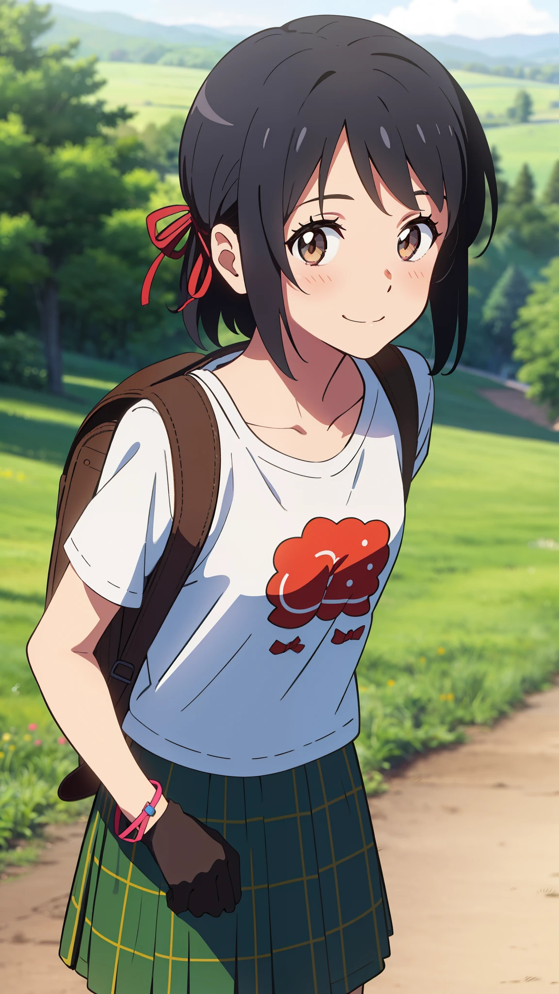 shinkai makoto, kimi no na wa., 1girl, bangs, black hair, blush, bright eyes, brown eyes, red headband, red ribbon, bracelet, short hair, cute, beautiful, shinny skin, looking at viewer, smile, cute, solo, casual shirt, t-shirt, green skirt, plaid skirt, outdoors, forest and farm background, backpack, explorer, gloves