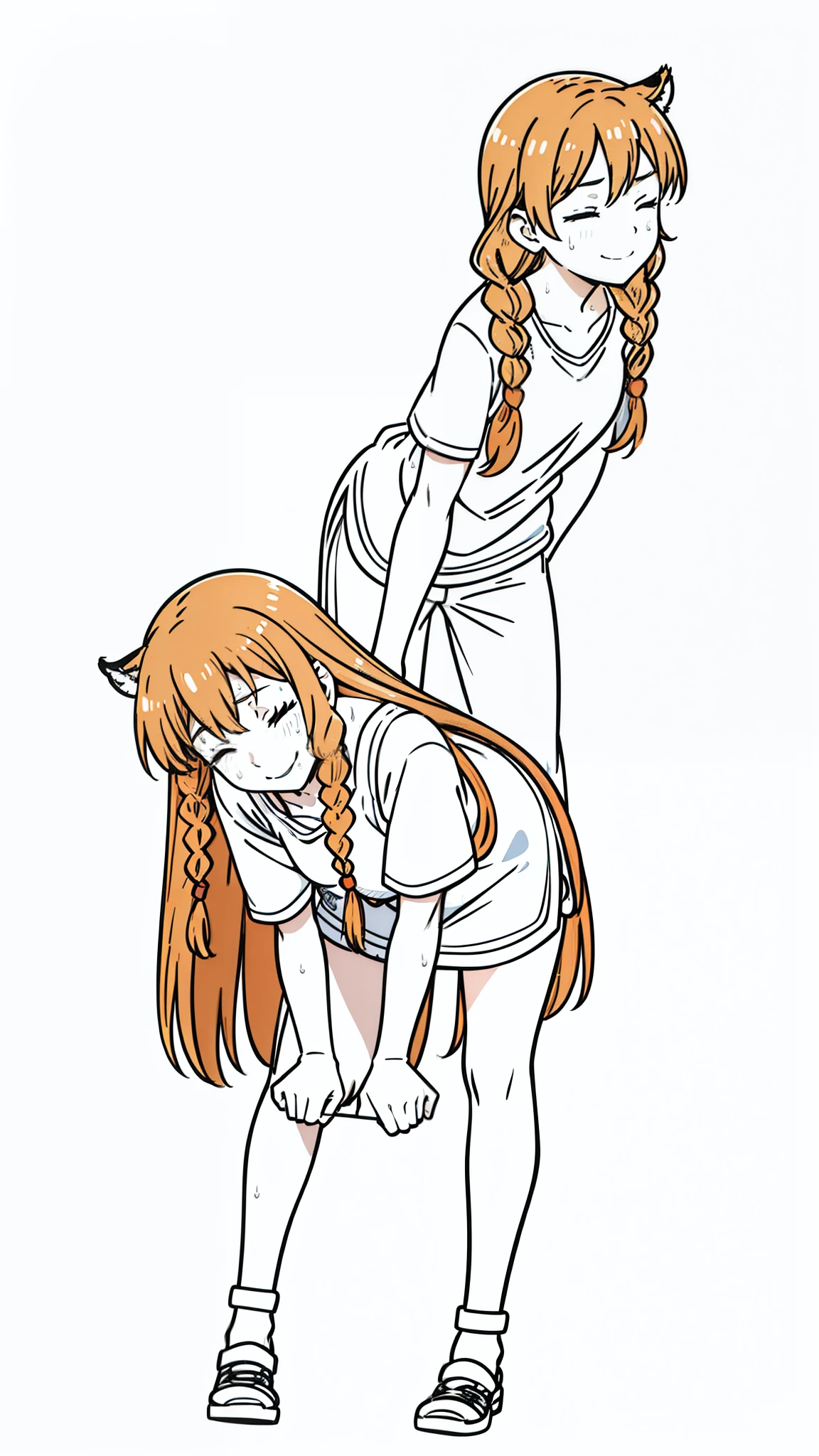 1girl,20 years old,mature female,tiger ears,long hair,(twin braids),orange hair,casual outfit,(white background,line drawing),leaning forward,from side,sweat,smile,closed eyes,drunk