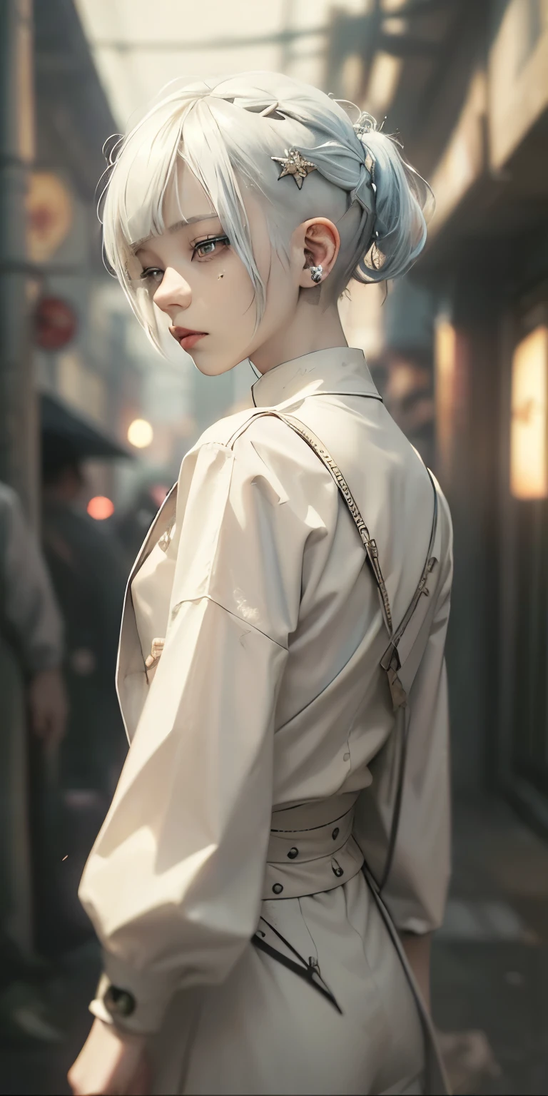 (Character: one albino boy (), pale skin, shaved hair, bald, scars, insane, crazy) (Clothing: beige straightjacket, torn pants) (baige color scheme, close-up, portrait) (Background: dark alley at night:1.3, intense urban lights in background, dark, ominous) (Style: ((masterpiece:1.5)), (face detailed), photo-realistic:1.3, hyperrealistic, , high contrast, shiny skin, soft lighting, backlighting, bloom, light sparkles, chromatic aberration,)