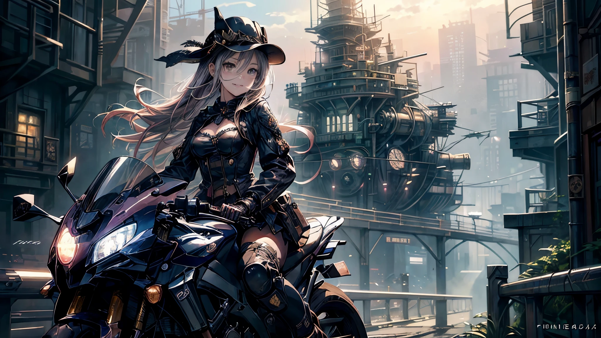 (Manga style),(Line art_anime),(Cowboy Shot, highest quality, ),(Photo by Laura Budd:1.2),(Laura Add details:1.0),8k, Flat Color:0.8,(1 girl,Smile 1.5)、View your viewers,(1. Riding a steampunk bike.8)、(Classic style bike 1.5)、(Highly decorative and complex mechanical steampunk fashion, Lace flare dolphin hat、Goggles 1.5、machinery background、Gear background、Intricately mechanized steampunk cityscape 1.5),