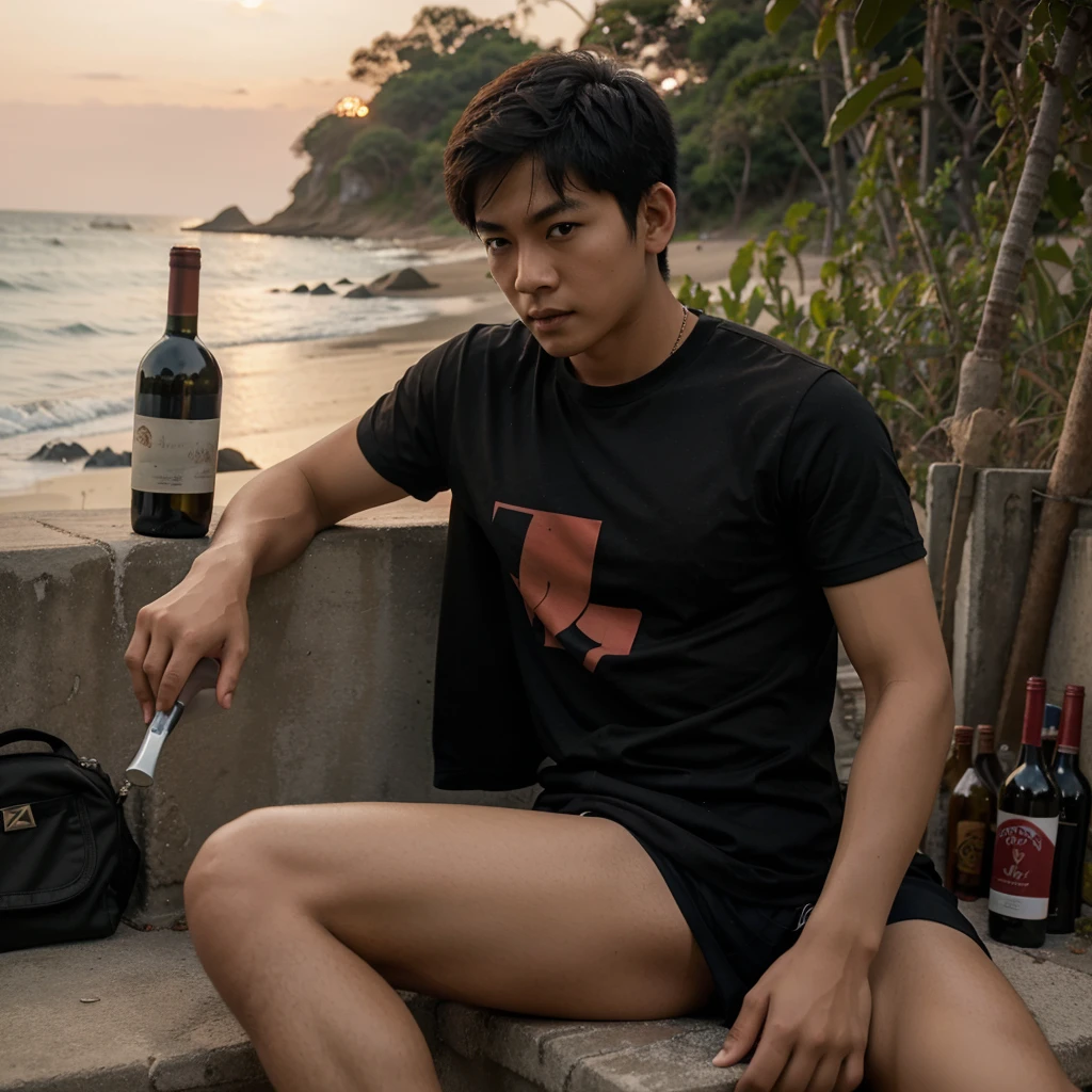 asian boy with black shorts and tshirt in the reddish kinda dark sunset beach sitting with a bottle of wine