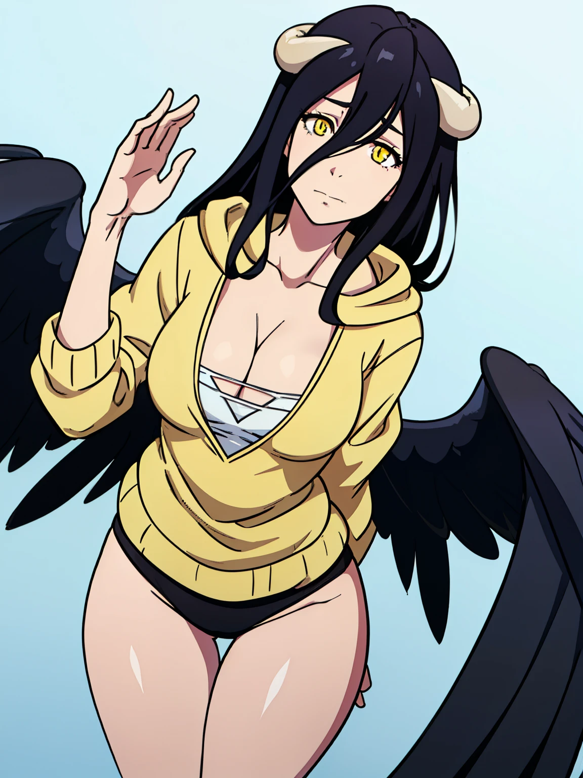 albedo, albedowings, medium breasts, long black hair, yellow eyes, long white hoodie, cleavage, looking at viewer, random pose, thick thighs, small breast, leaning over, black panties, shy facial expression