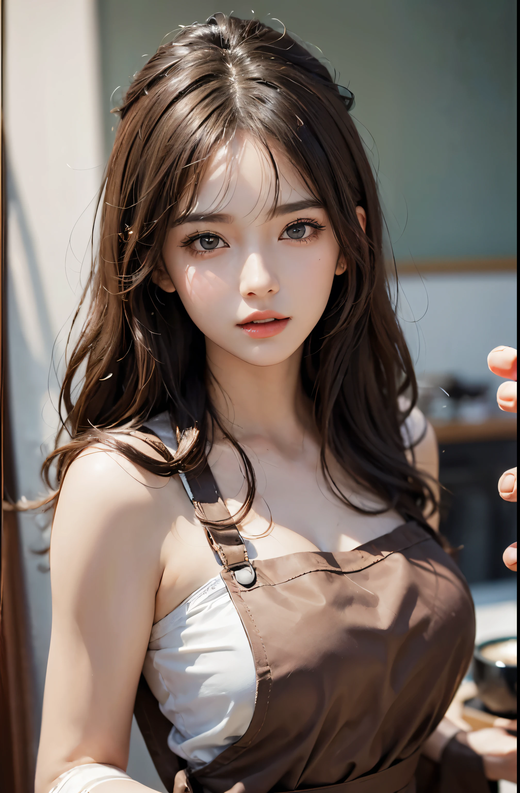 ((highest quality、8K、masterpiece:1.3))、standing、Sharp focus:1.2、(Realistic、Photorealistic:1.37)、Laughter、Woman with beautiful face、28 years old、Pointed Chest、Long eyelashes、Colored Contact Lenses、big 、Delicate、Very fine grain、Highly detailed eyebrows、(Sharp eyebrows)、(Thin eyebrows).Highly detailed face、(Brunette messy hair:1.3、From below、Detailed Background(8K、masterpiece、highest quality、Raw photo、Brunette messy hair:1.3、Inside the cafe、A woman making coffee、Apron appearance、pantyhose:1.2